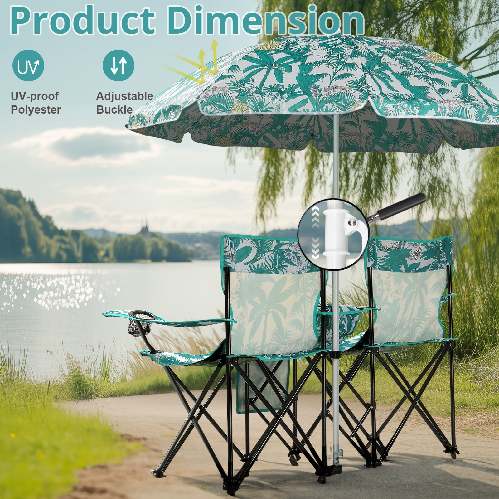 Zimtown Two-Seat Folding Beach Chair with Umbrella and Cooler (Green, 15.2 in Seat Height) s3a49