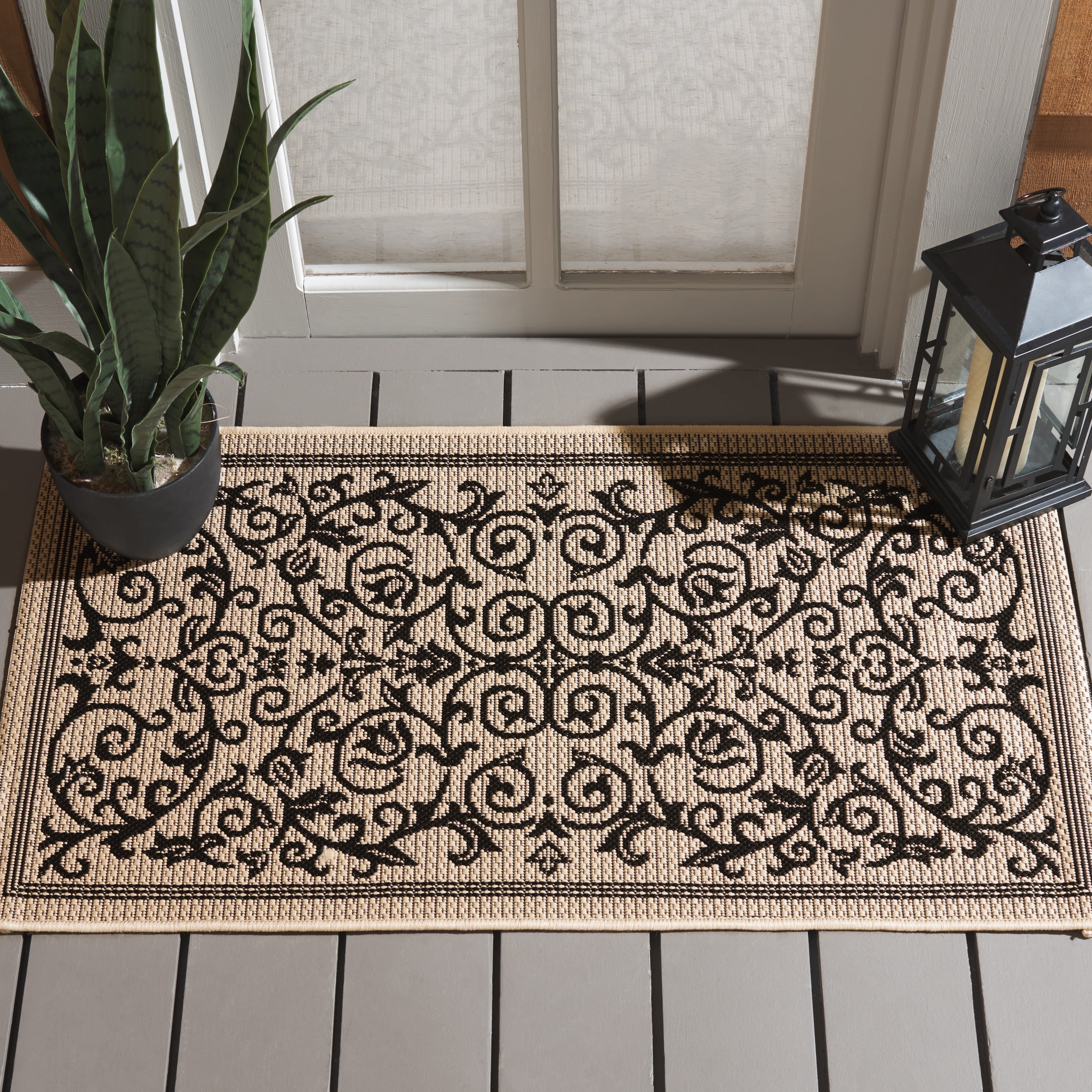 Safavieh Courtyard Nanda Botanical Indoor/Outdoor Area Rug (Sand/Black, 2 ft x 3.58 ft) r6yxg