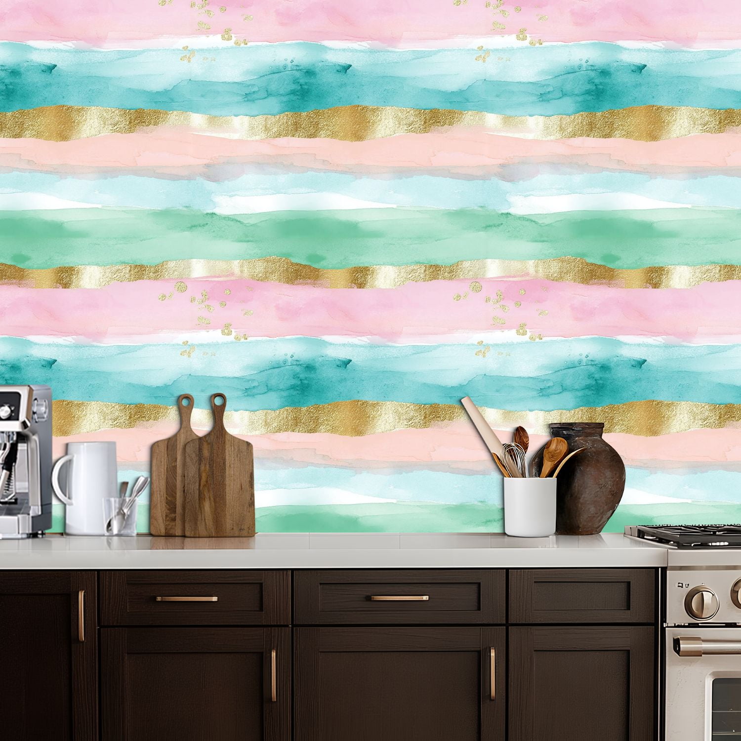 Kanworse Boho Peel and Stick Wallpaper Abstract Watercolor Stripes with Gold Accents (Gold, 17.7 in x 9.8 ft) fazqc