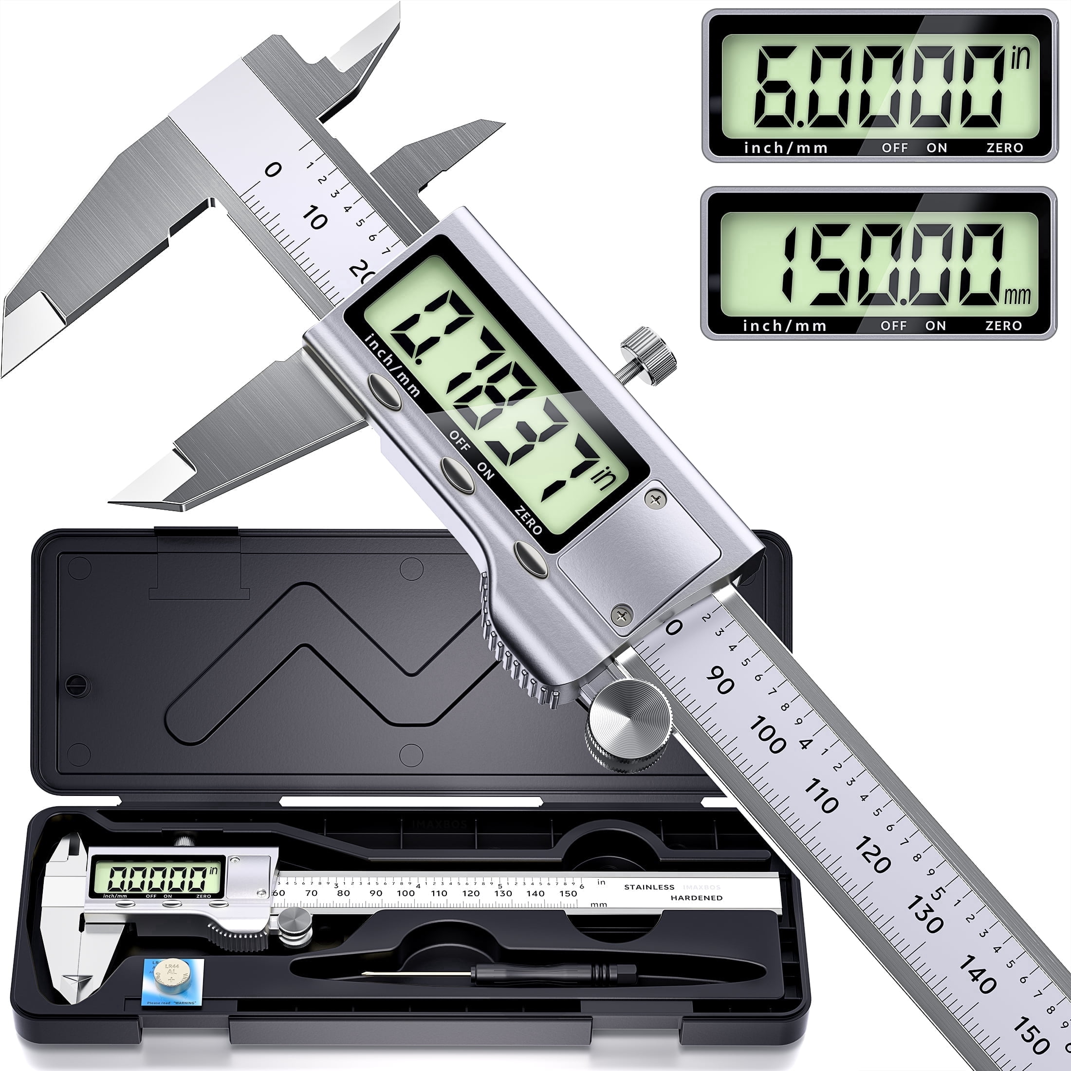 IMAXBOS 6-Inch Digital Caliper, Professional Stainless Steel Vernier Tool with LCD Display (Silver, 6 in) zwyc5