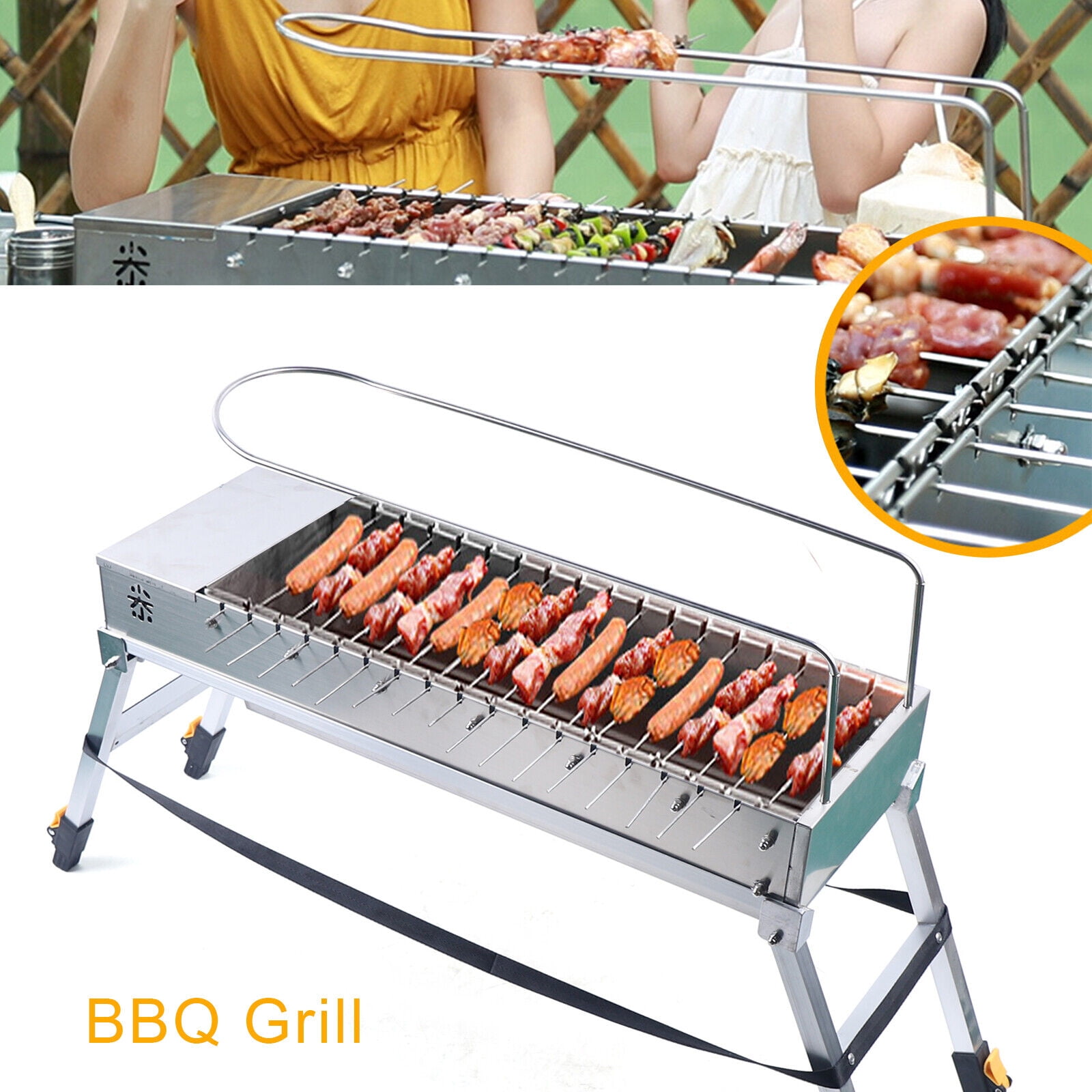 KONKENIE Foldable Electric BBQ Grill Stainless Steel Portable Outdoor Camping Barbecue Machine (Silver, 27 in x 9.5 in x 4.7 in) y1jlm