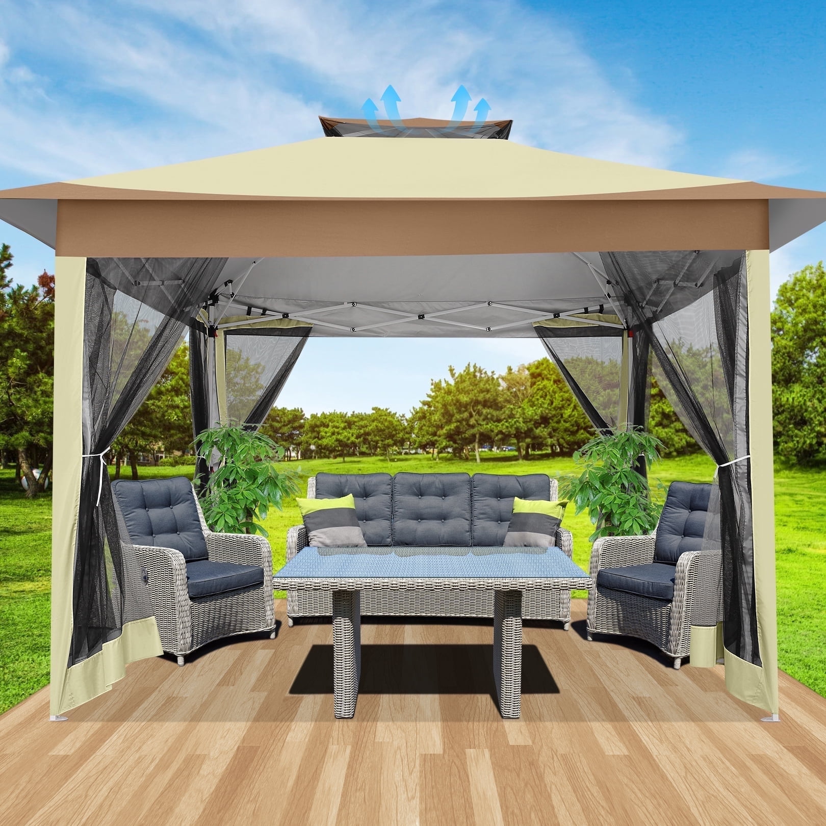 SANOPY Outdoor Pop-up Gazebo with Mosquito Netting and Sandbags (Light Brown, 12x12 ft) 63tns