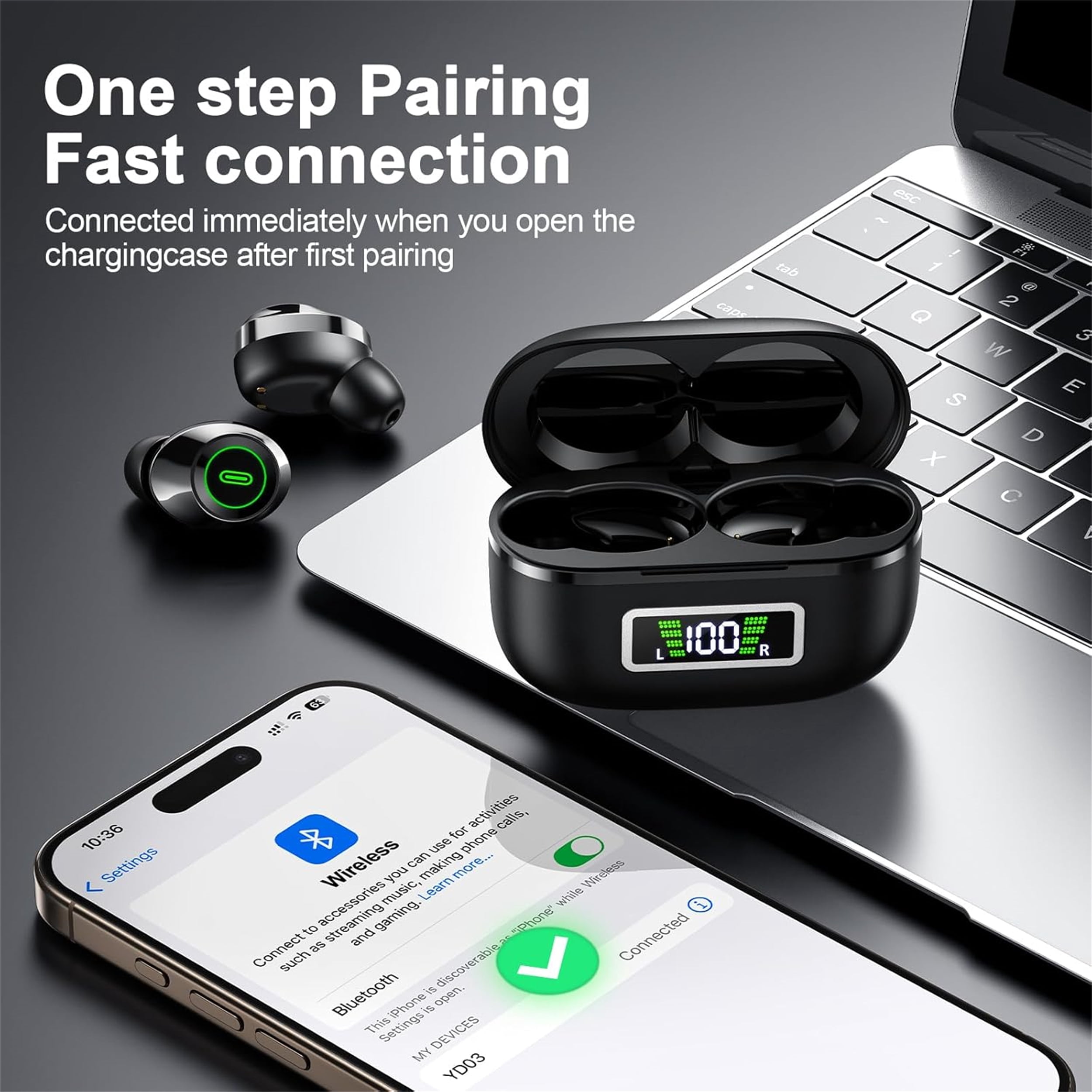 MOYAWSDGN Wireless Earbuds Bluetooth Headphones with Noise Cancelling and 3D HiFi Stereo (Black, 1 Pair) mh268