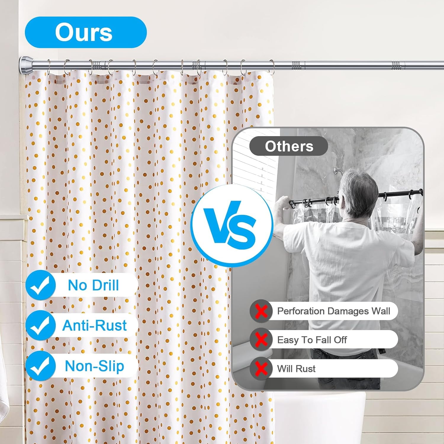 TITGIPE Adjustable Shower Curtain Rod, Stainless Steel Rust-Resistant Spring Tension Rod for Bathroom (Silver, 27-76 in) kb49g
