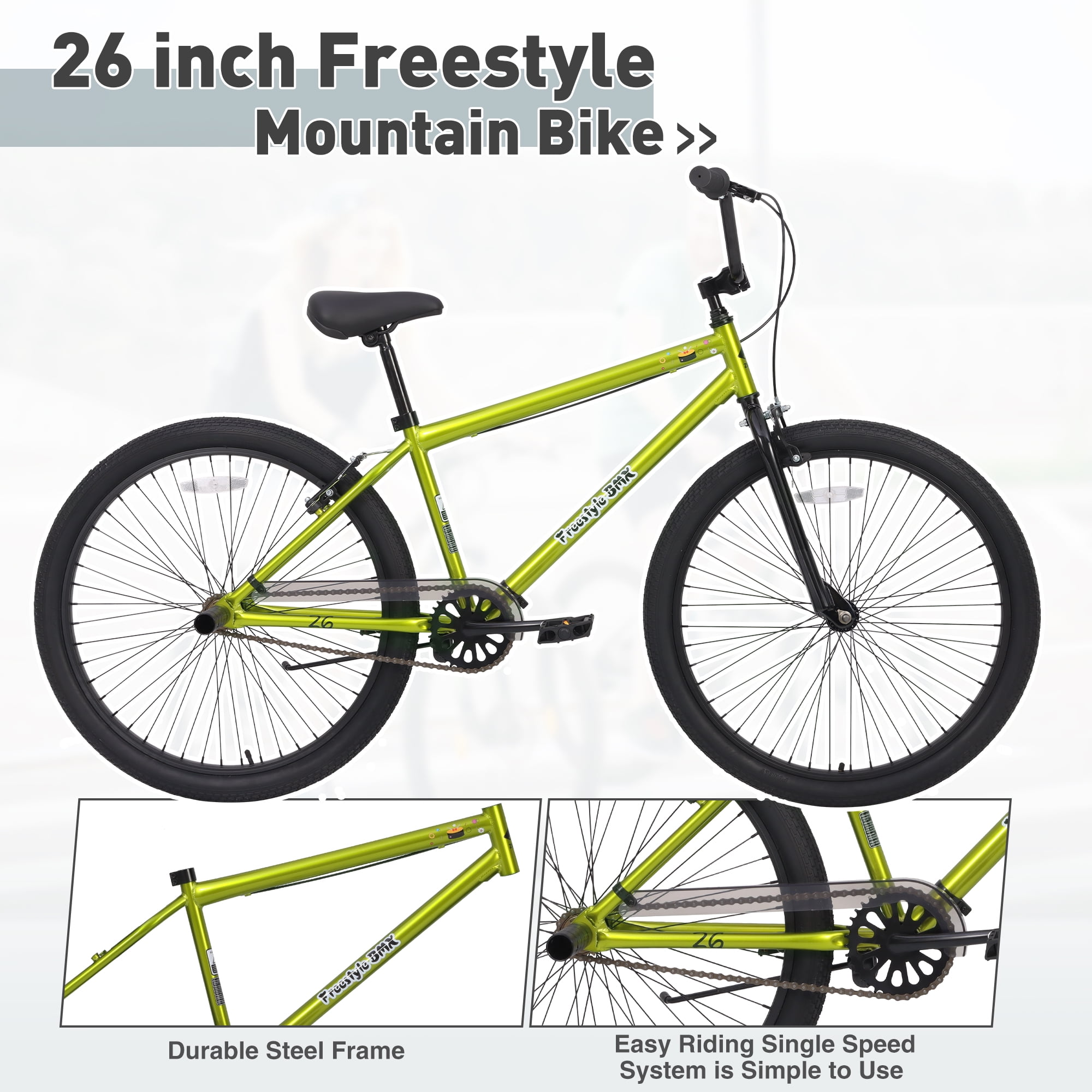 Ecarpat 26 Inch Freestyle Mountain Bike, Single Speed Kids Bicycle with Double Disc Brakes (Green, 26 in) tw87d
