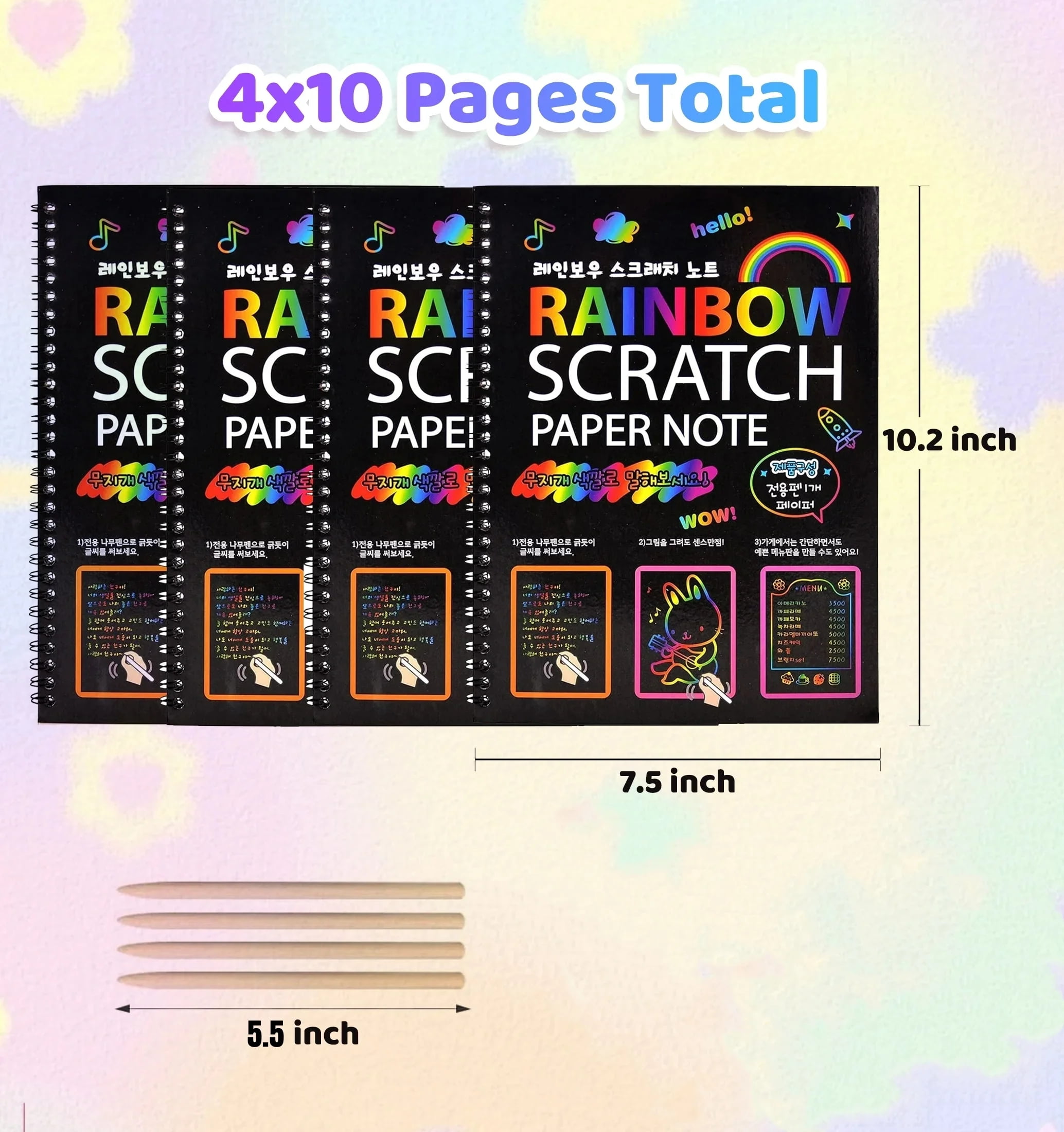 BSHAPPLUS Rainbow Scratch Art Notebooks, Creative DIY Drawing Activity Set for Kids (Black, 4 Pack, 10.2 in x 7.5 in) typ0r