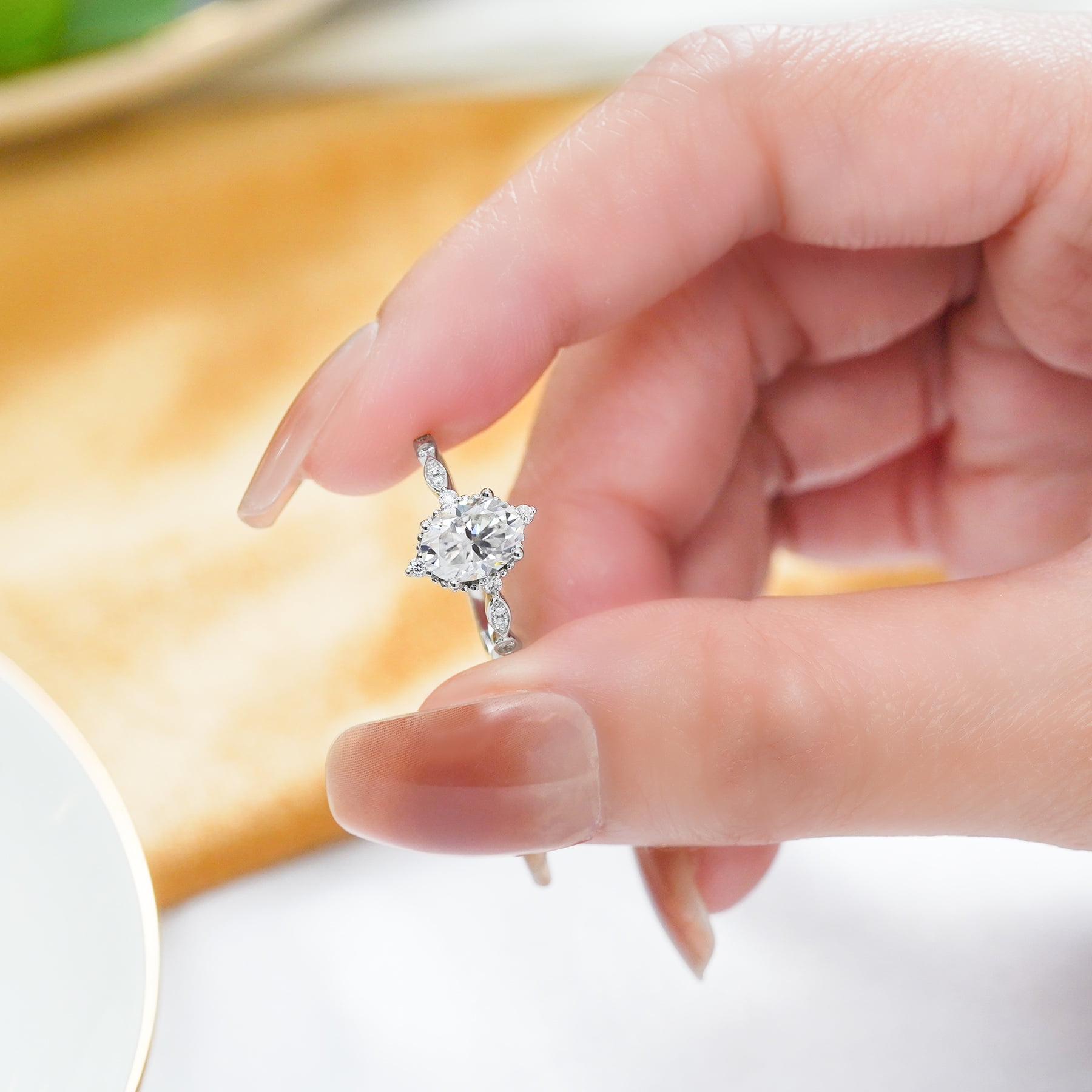 JeenMata 1.5 Carat Moissanite Oval Engagement Ring Vintage Filigree 5-Stone Milgrain (White Gold Plated, Size 7) xln6w