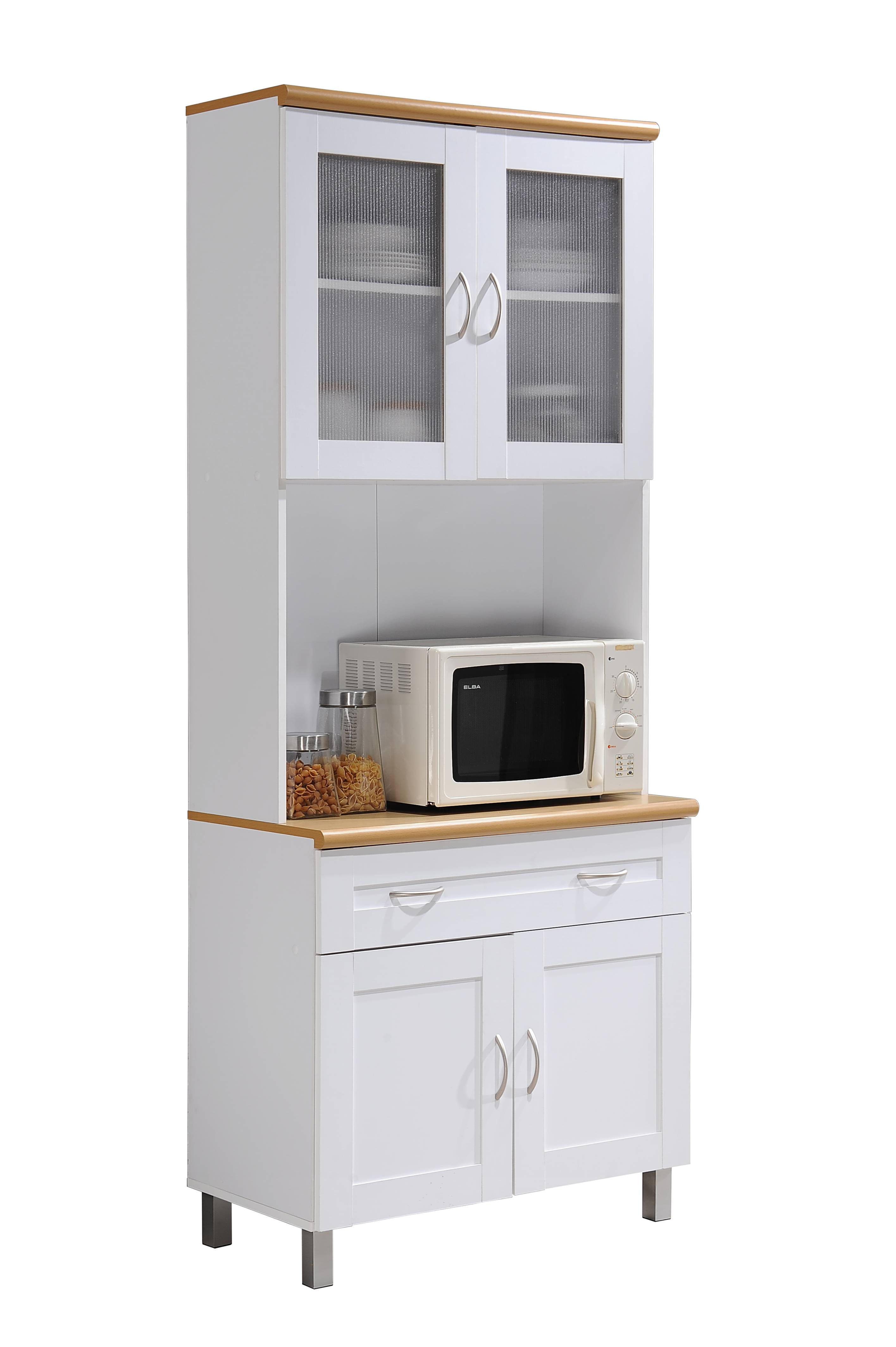 Hodedah Tall Free Standing Kitchen Cabinet with Microwave Storage and Drawer (White, 79 in. H x 32 in. W x 17 in. D) zf1pn