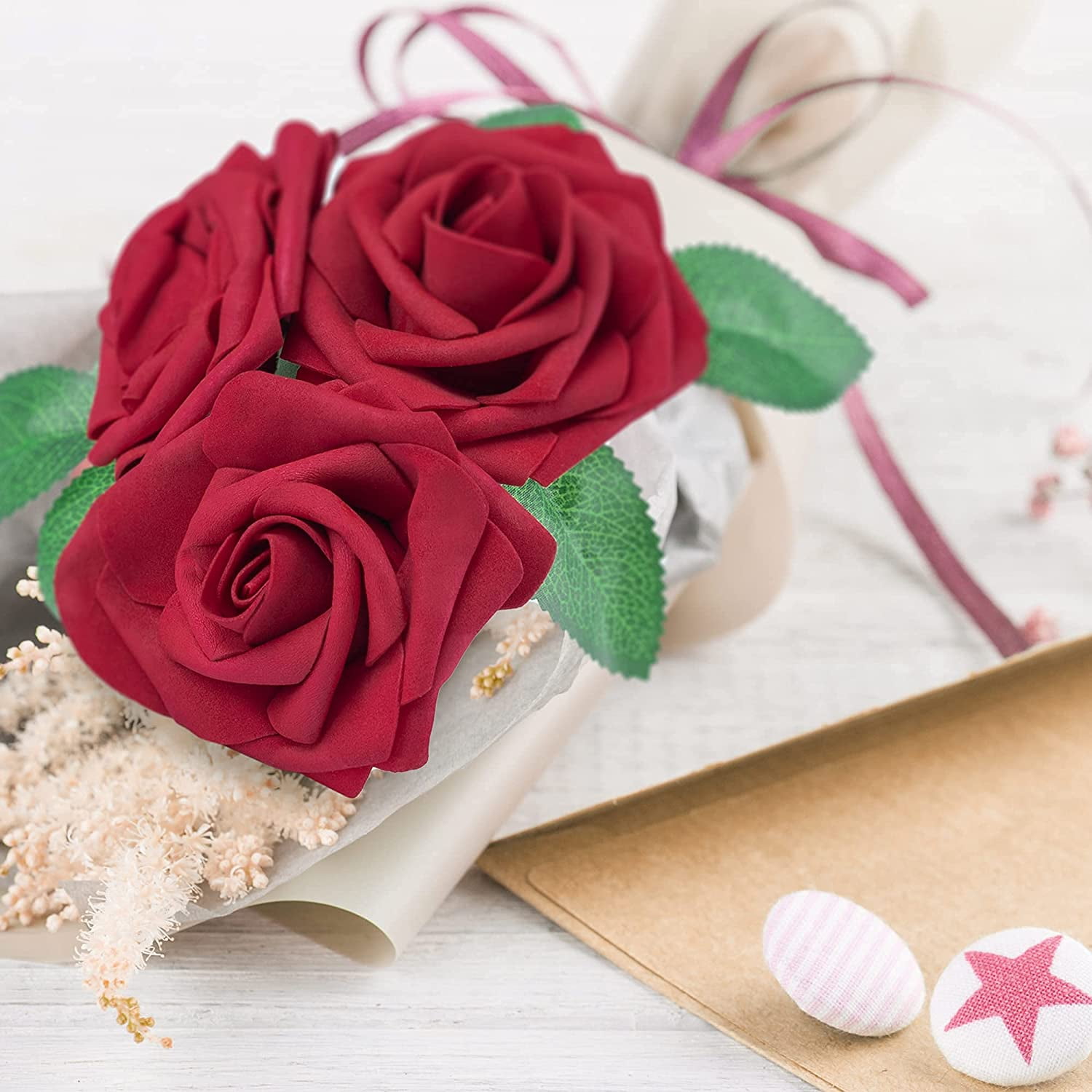 Mocoosy Artificial Foam Roses for DIY Floral Arrangements and Wedding Decor (Dark Red, 50 Pack) 0ninj