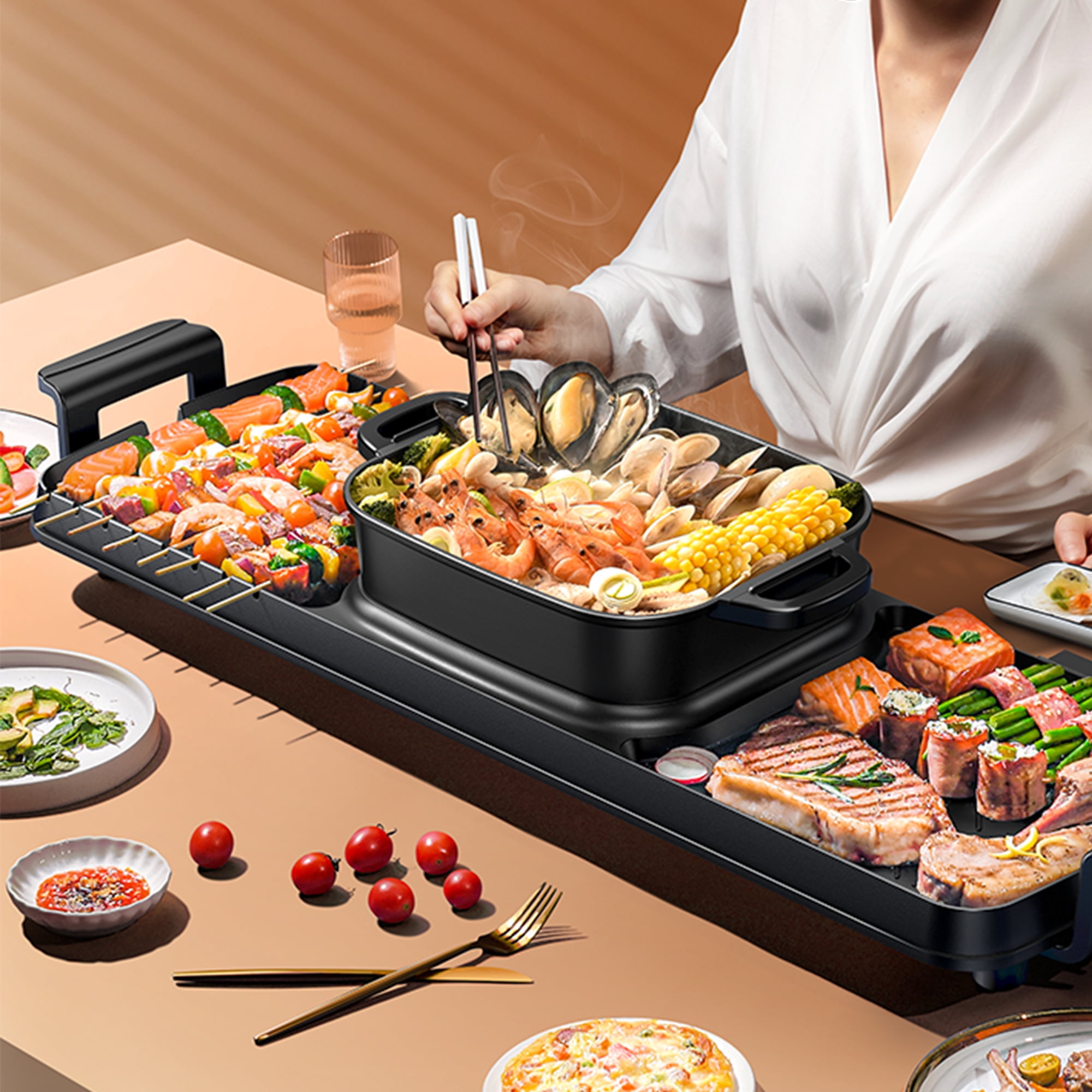 Aoran Kitchen 2-in-1 Electric Hot Pot and Smokeless BBQ Grill with Dual Temperature Control (Black, 2200W) 1at3f
