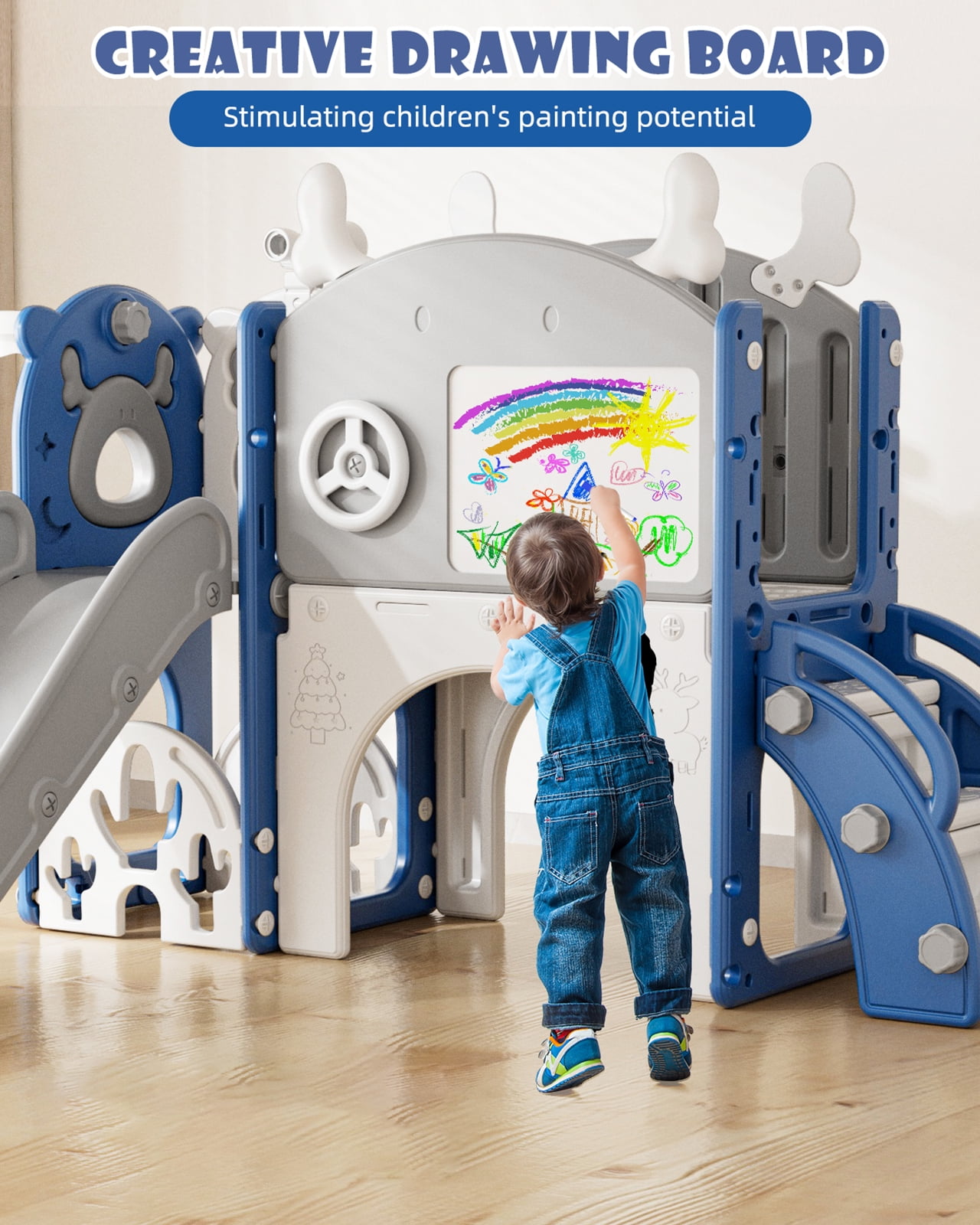 Korimefa 11-in-1 Toddler Climber and Slide Playset with Basketball Hoop and Golf Set (Blue, 62.6 x 62.6 x 39 in) ehwmm