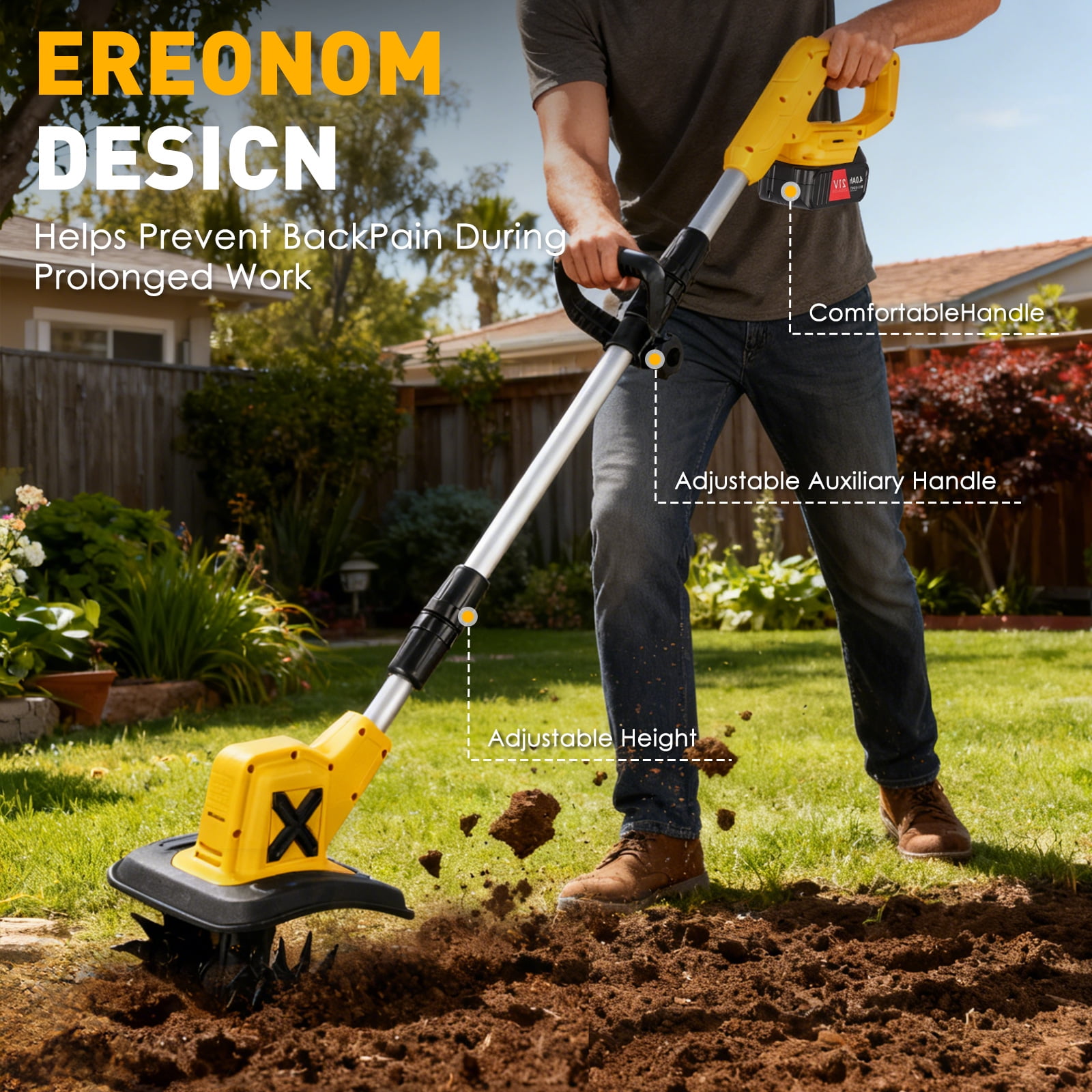 HUSGW Cordless Electric Tiller Cultivator, 21V Garden Rototiller with 2 Batteries & Charger (9 in Tilling Width, 6 in Depth) jd10g