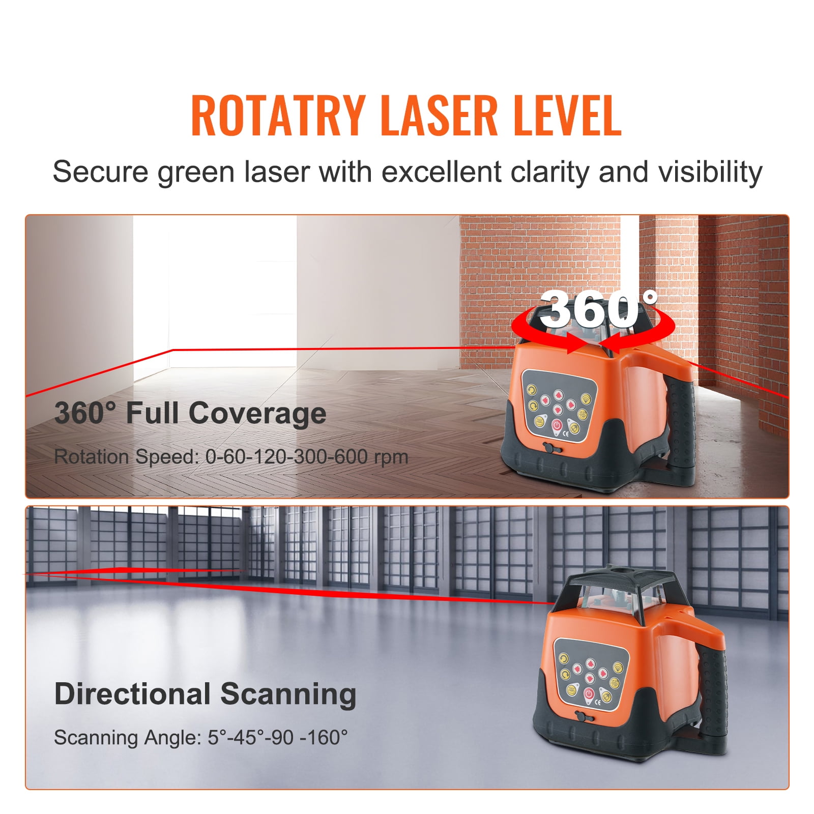 KFFKFF Rotary Laser Level, 360° Self-Leveling Tool with 1650 ft Range, IP66 Water-Resistant, Remote Control & Rechargeable Battery (Red, 1650 ft) etk12