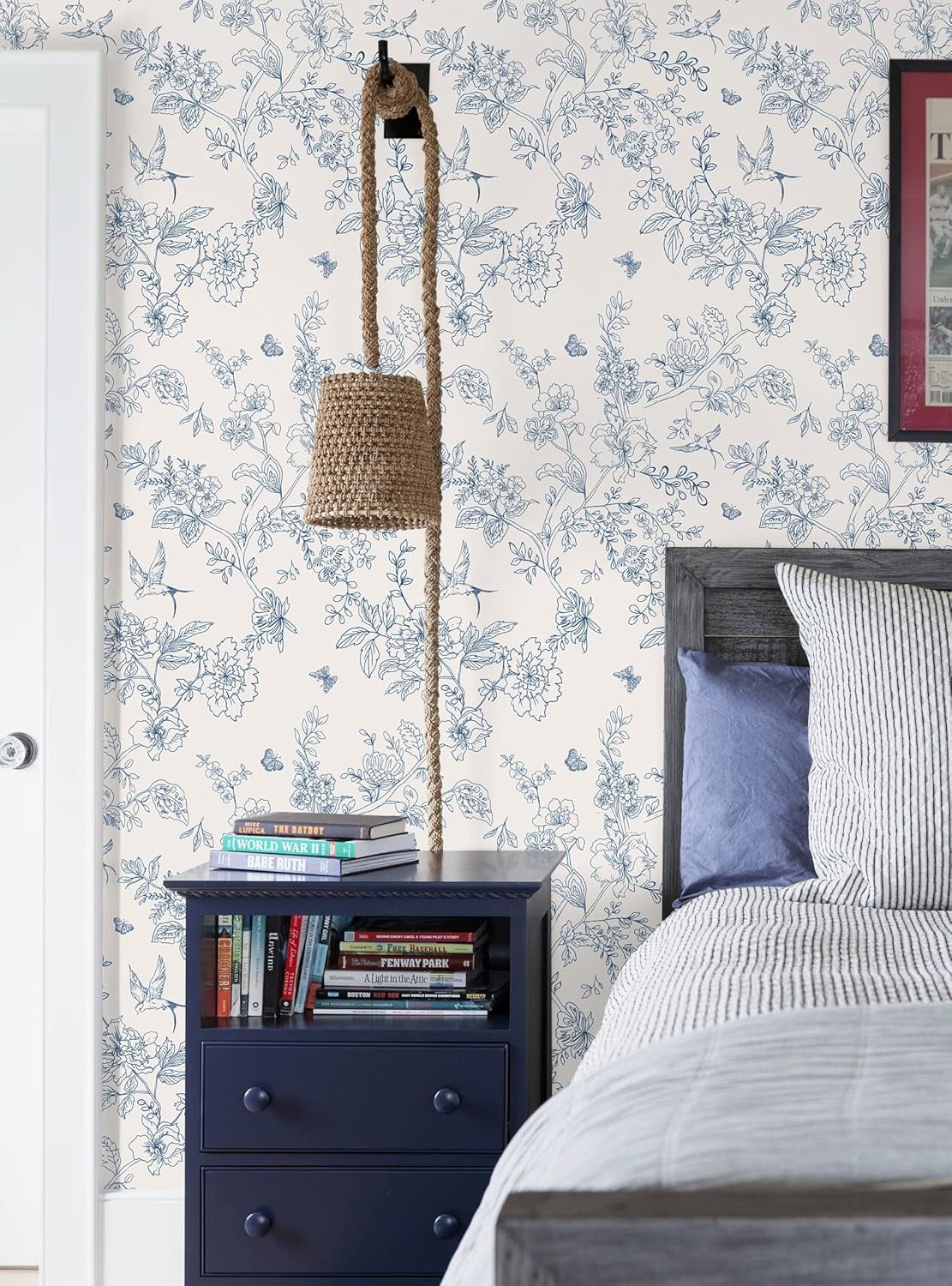 Usachibb Vintage Floral Peel and Stick Wallpaper, Removable Boho Contact Paper for Bedroom and Bathroom (Cream White and Blue, 17.7 in x 118.1 in) 7fljd