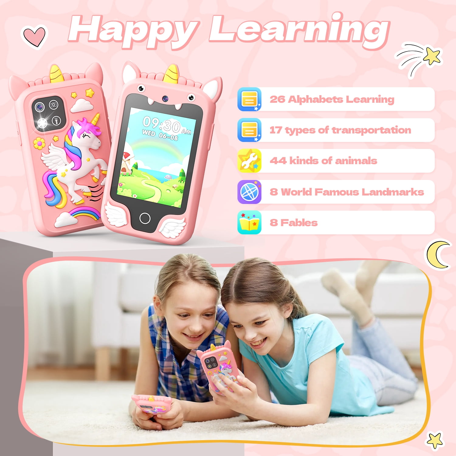 JoyStone Kids Smart Phone, 2.8 in Touchscreen Learning Toy with Dual Camera and Music Player (Pink, 8GB) 12ef4