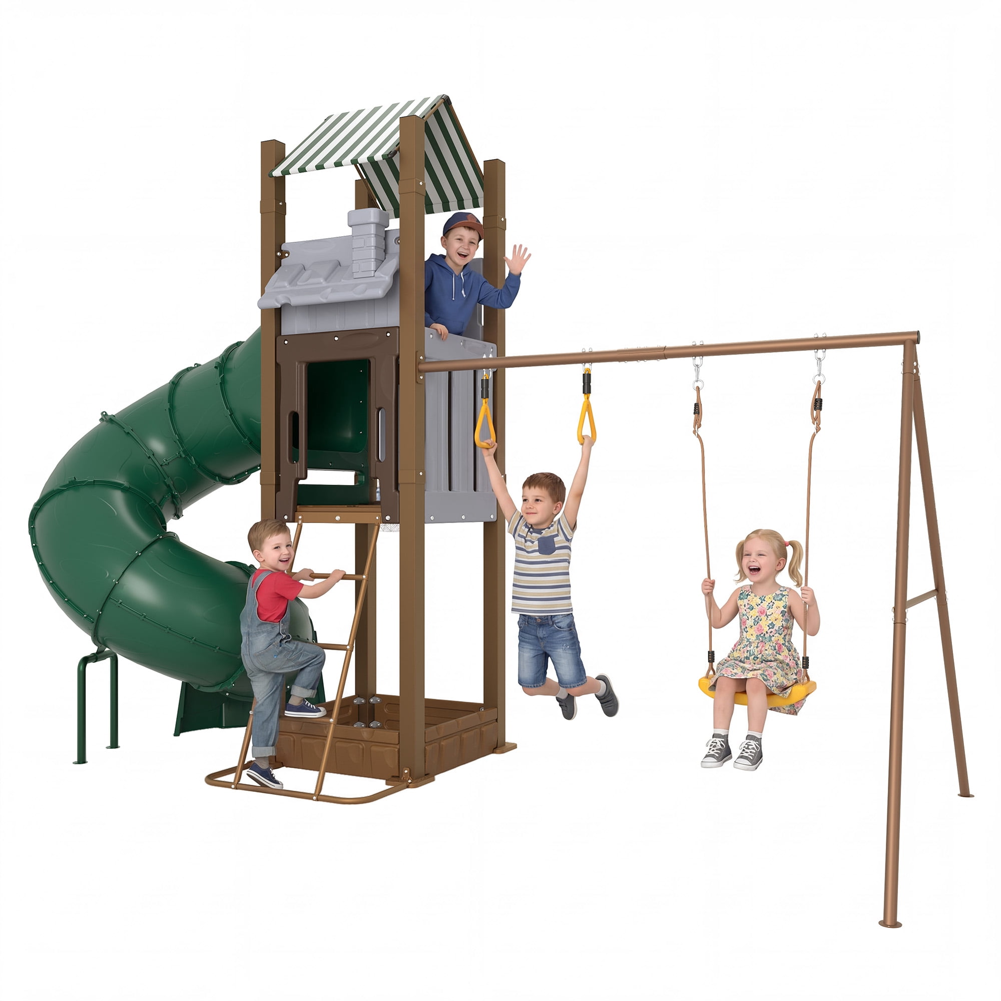 LIZHOUMIL Backyard Playset with Slide, Dual Swings, Climbing Wall, and Sandbox (Heavy-Duty Galvanized Steel, 15 ft x 12 ft) revoo