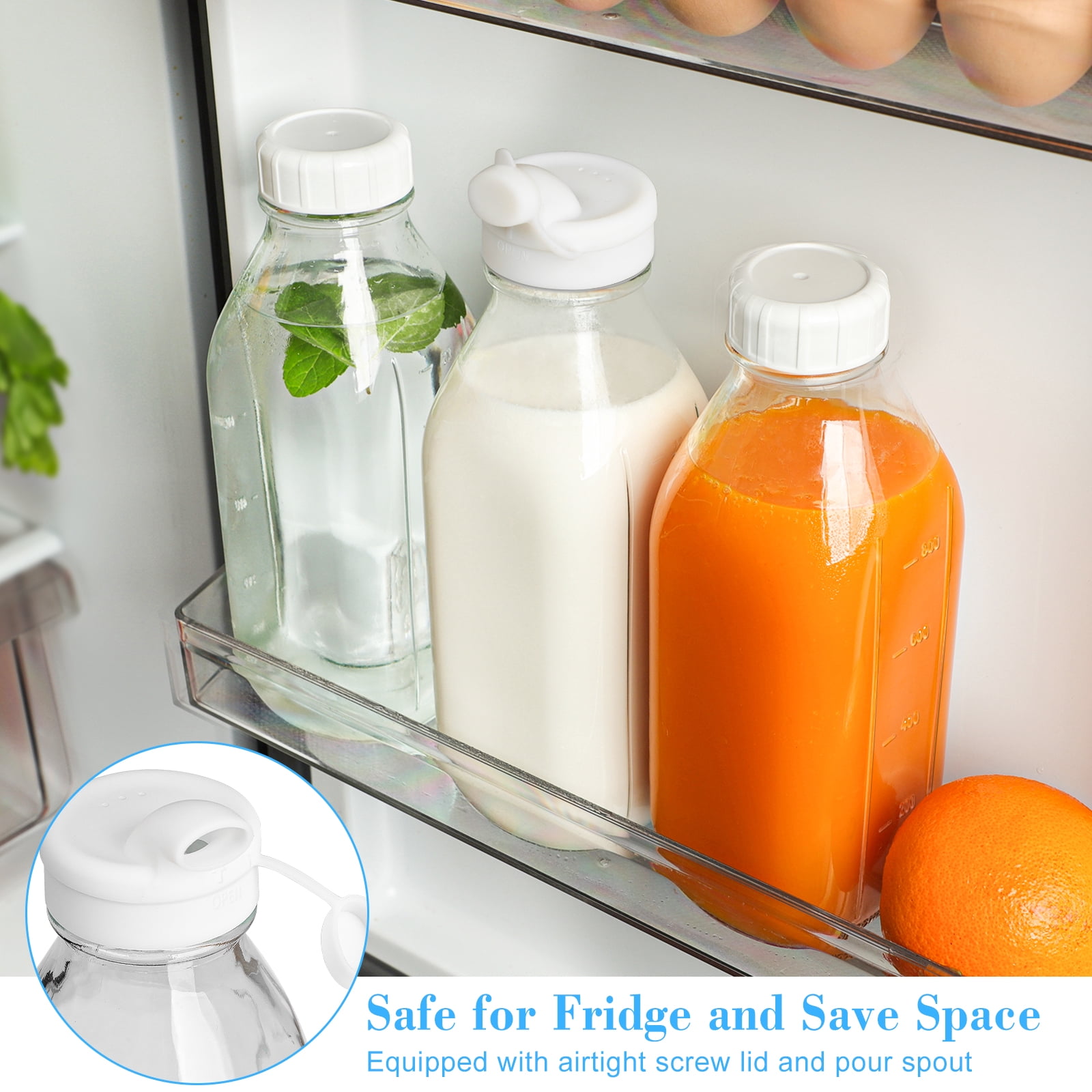 Syntic Reusable Glass Milk Pitcher with Dispenser Caps and Airtight Screw Lids (Clear, 32 oz, 2 Pack) 35oqr