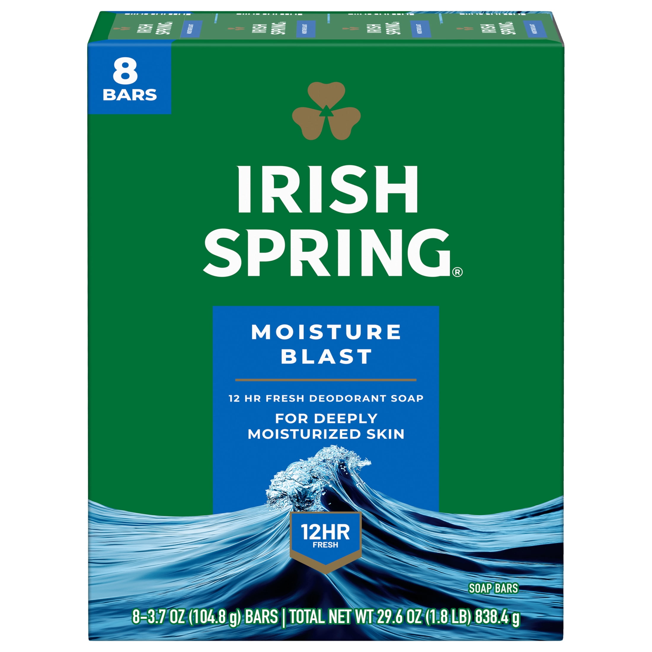 Irish Spring Moisture Blast Deodorant Bar Soap for Men (Fresh Scent, 8 Pack, 3.7 oz Bars) 28wgi