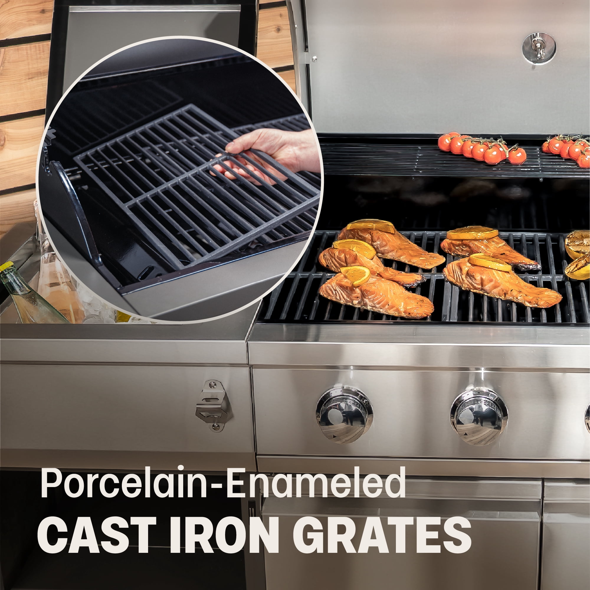 TYTUS Fresno 4-Burner Gas Grill Island Set with Cover, Griddle, Light, and Pizza Stone (Stainless Steel) q0xse