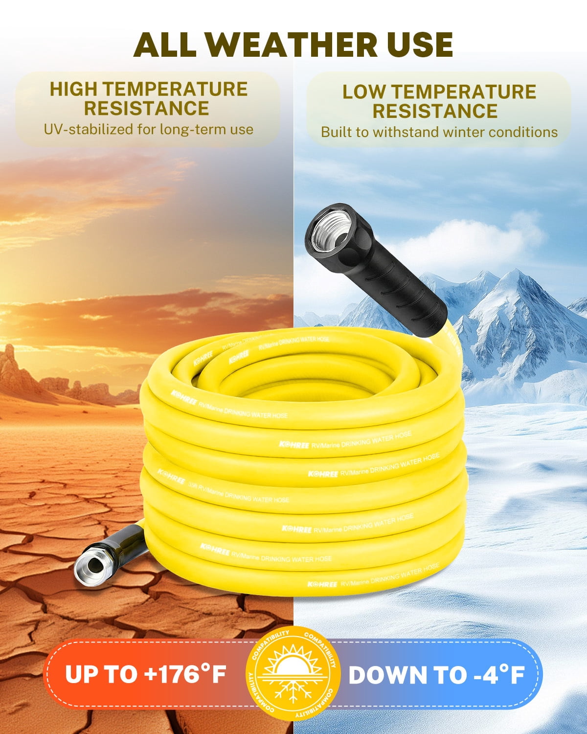 Kohree 50FT RV Water Hose, NSF Certified Drinking Water Safe, Heavy-Duty Flexible Garden Hose with Storage Bag (Yellow, 50 ft) 11j26