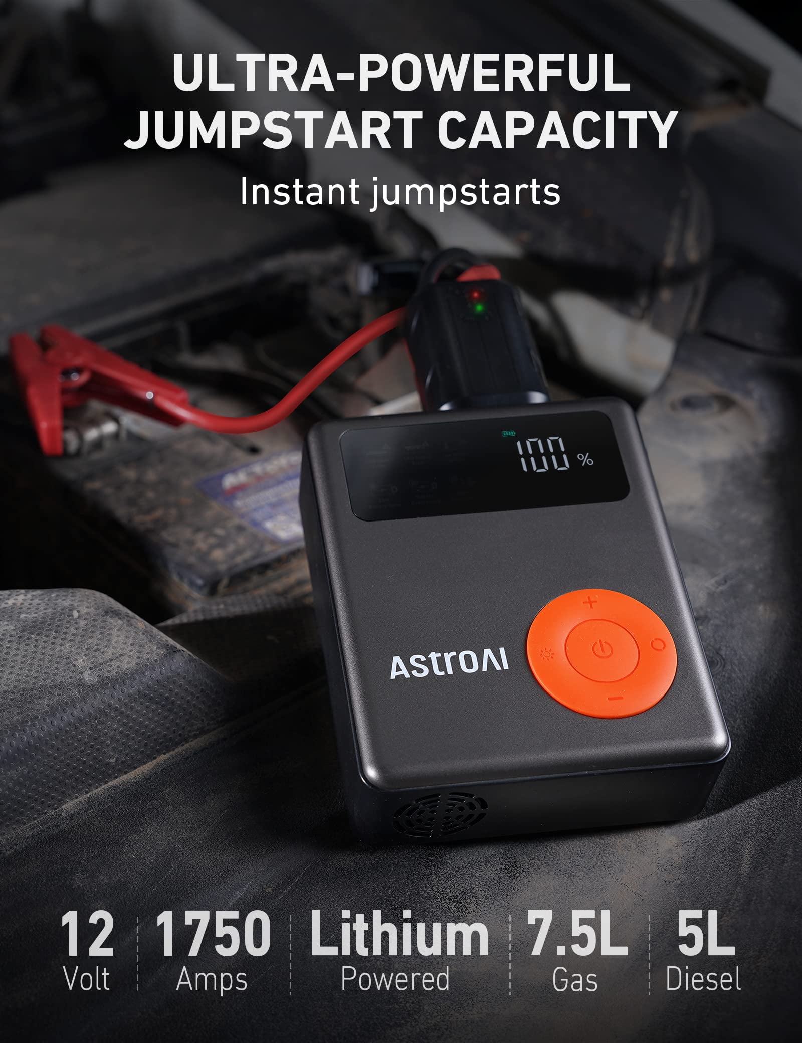 AstroAI Portable Jump Starter with Air Compressor, 1750A Peak 12V Battery Booster and Tire Inflator (Orange, 6.1 x 4.9 x 1.9 in) egn80