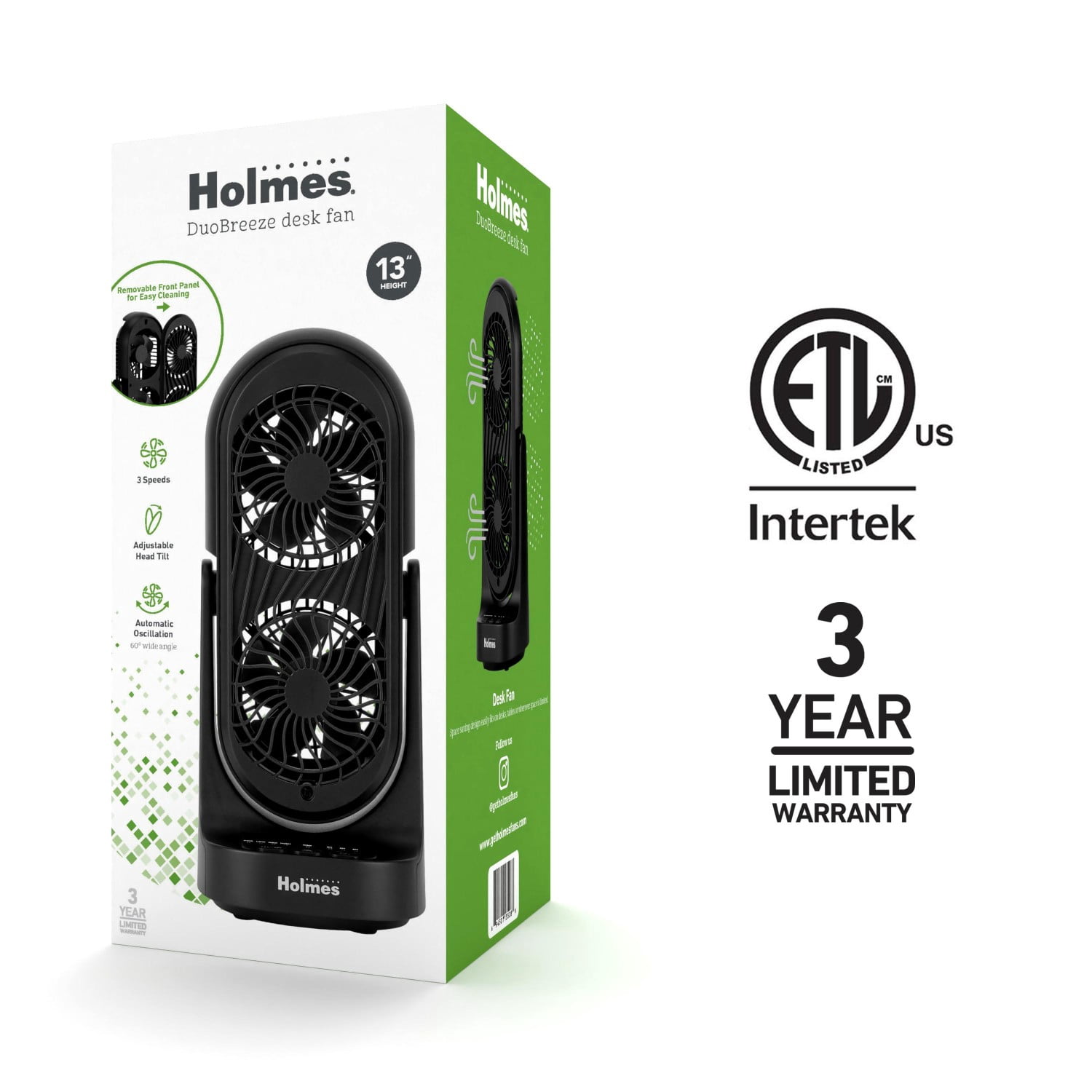 Holmes DuoBreeze Desk Fan with Dual Blade Technology, 3-Speed Settings, Adjustable Tilt and Oscillation (Black, 13 in) w9rjj