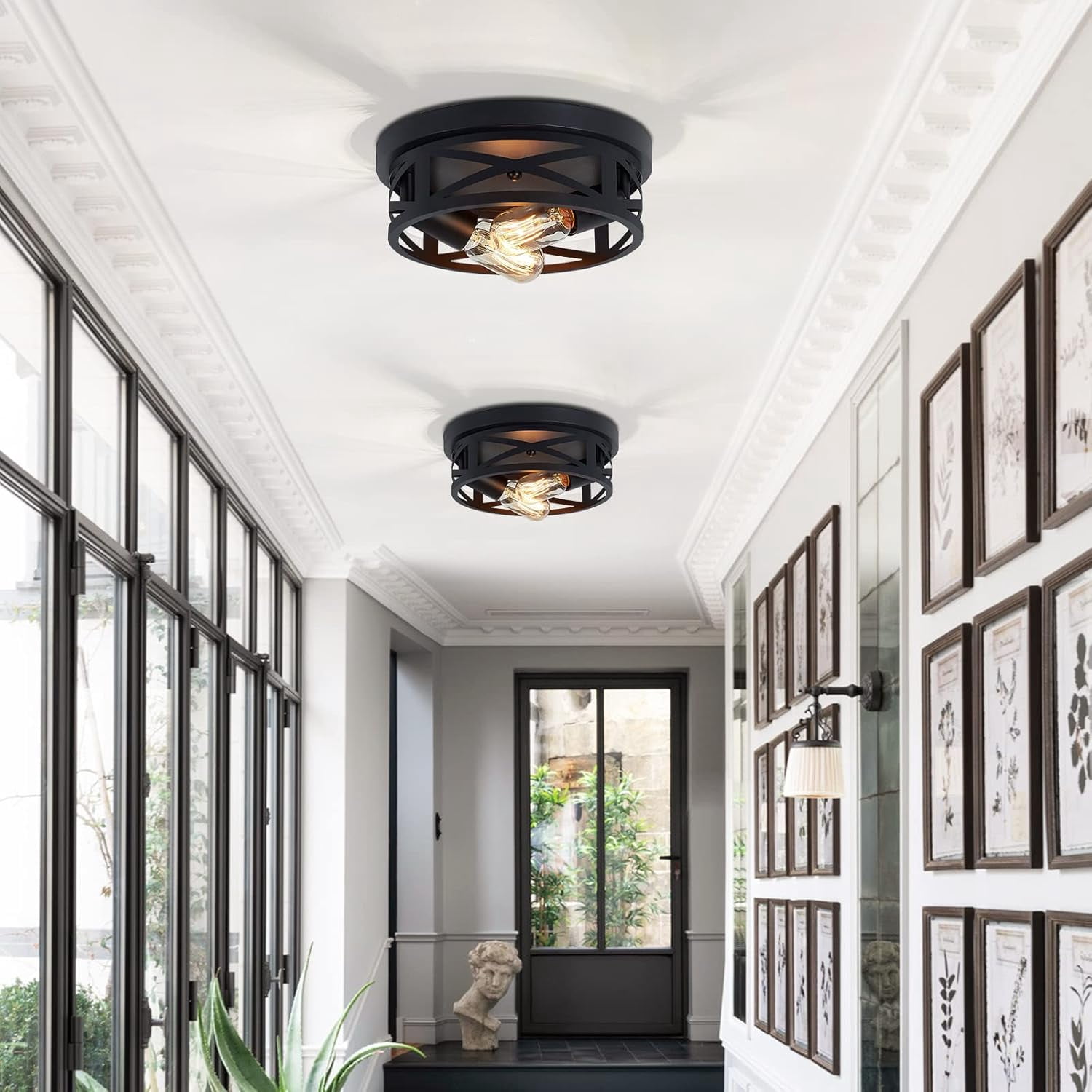 RAINBEAN Industrial Flush Mount Ceiling Light, Farmhouse Metal Cage Light Fixture for Kitchen and Hallway (Black, 2 Pack) hwg3u