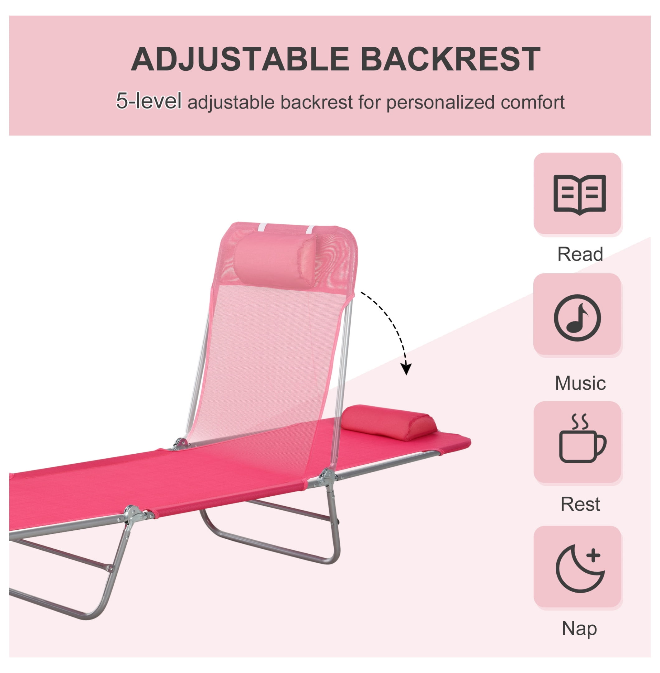 Lshhh Folding Chaise Lounge Chair, Adjustable Reclining Outdoor Sun Tanning Chair with Headrest (Pink, 264 lb Capacity) rfquu