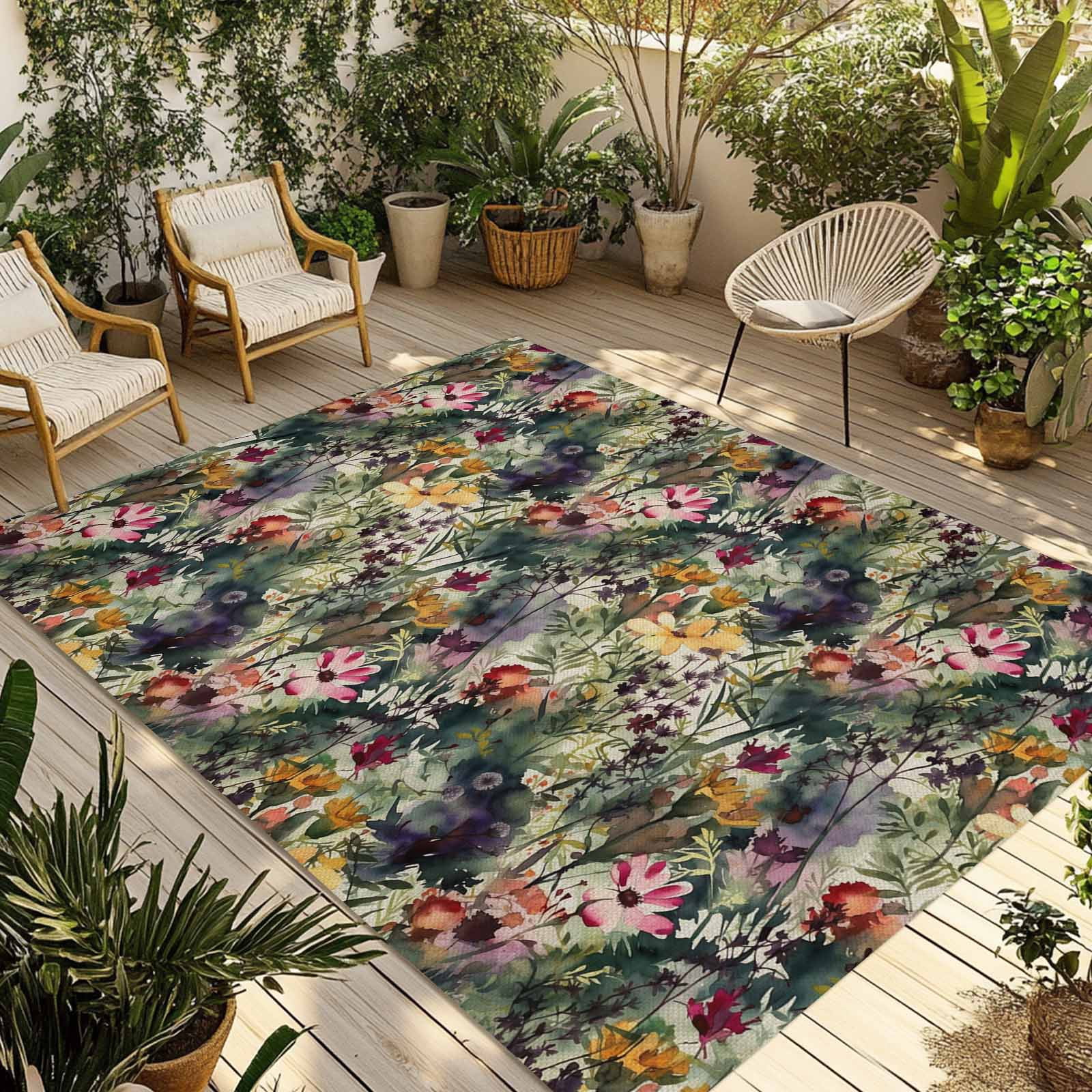 LBCASA Outdoor Rug Floral Watercolor Washable Area Carpet for Patio Deck and RV (Green, 5 ft x 7 ft) n3x34