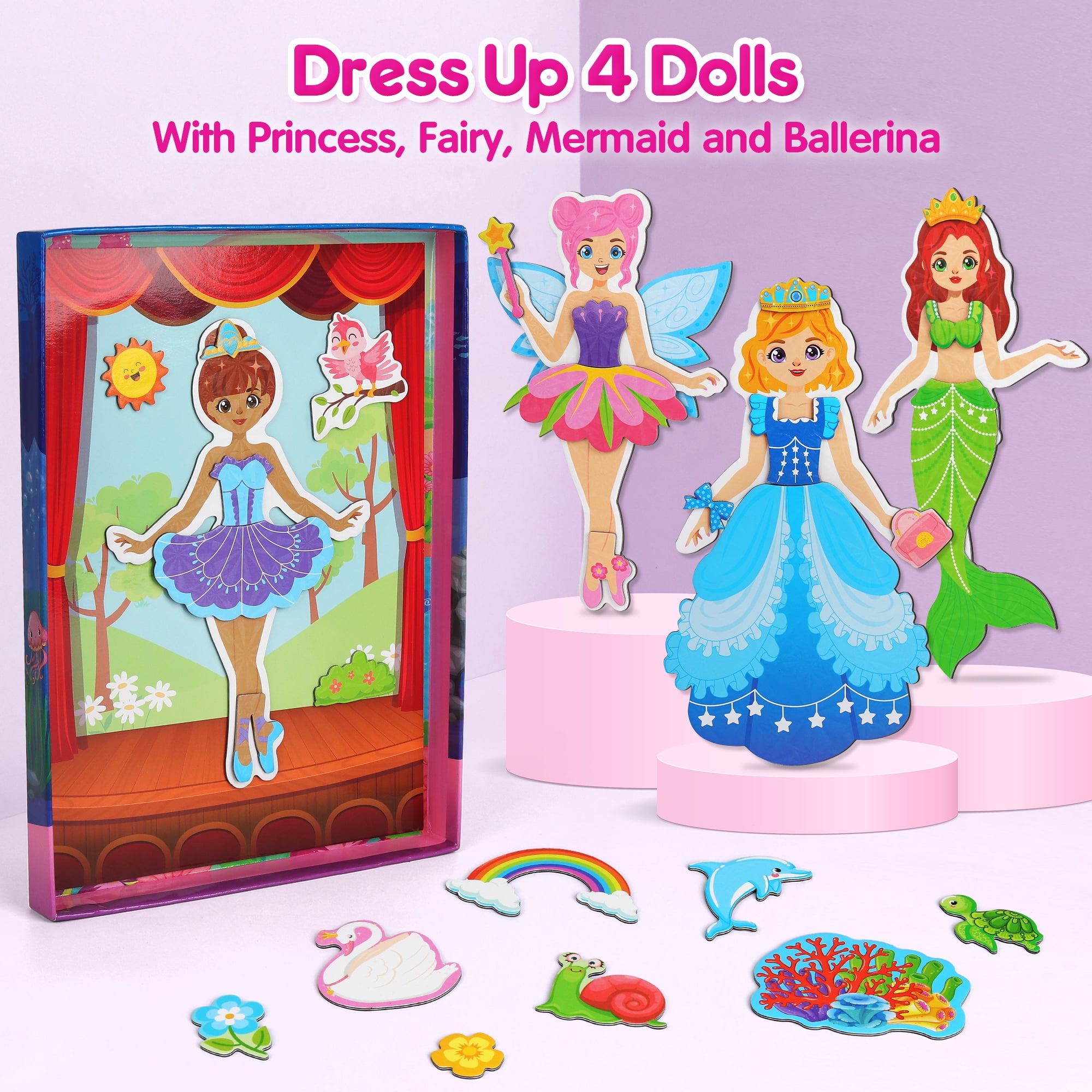 Mocoosy Magnetic Dress Up Dolls Set, Princess Mermaid Fairy Ballerina Pretend Play Kit (Multi-Color, 6.3 in x 8.6 in) 22gds