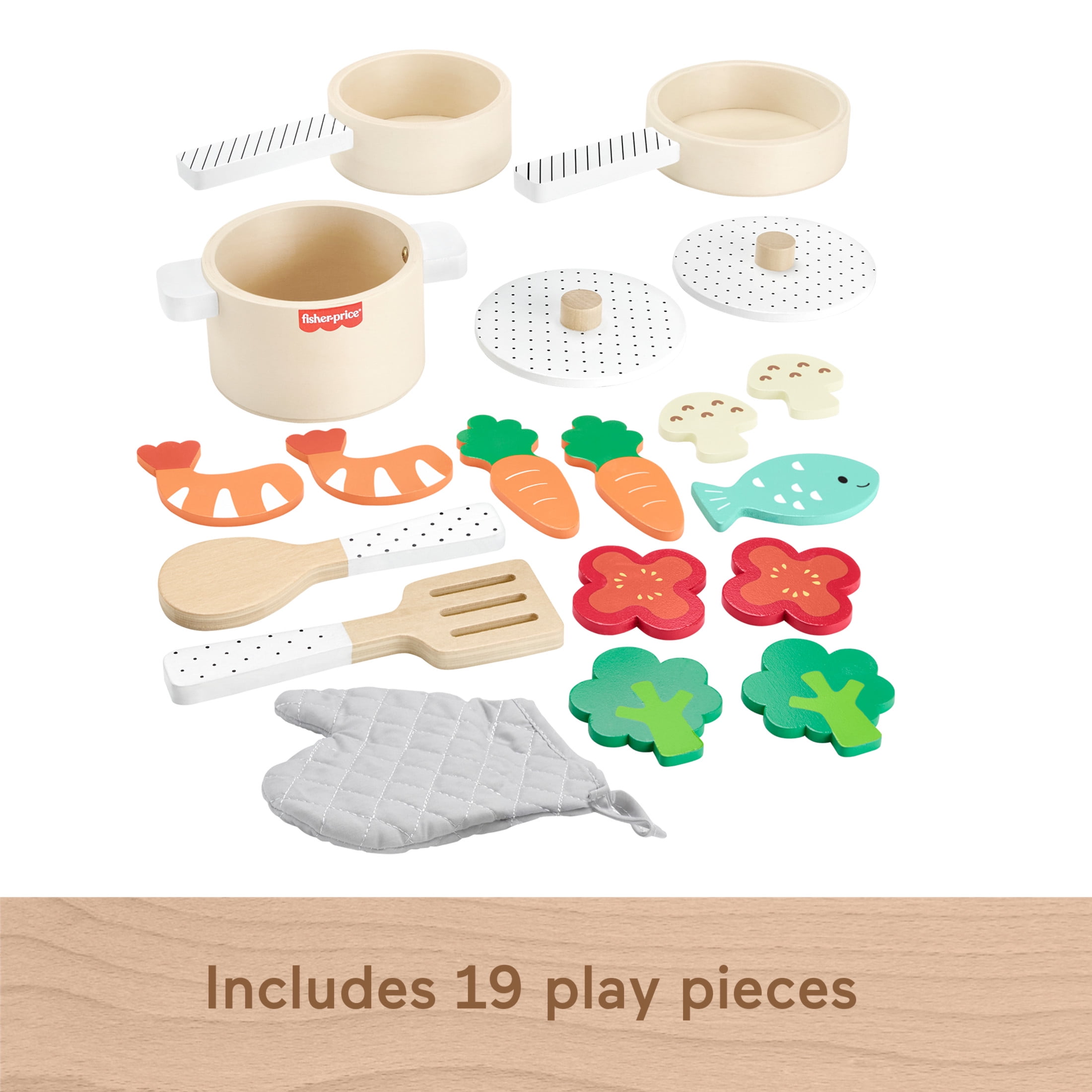 Fisher-Price Wooden Kitchen Pots and Pans Set for Pretend Play (19 Pieces) cm211