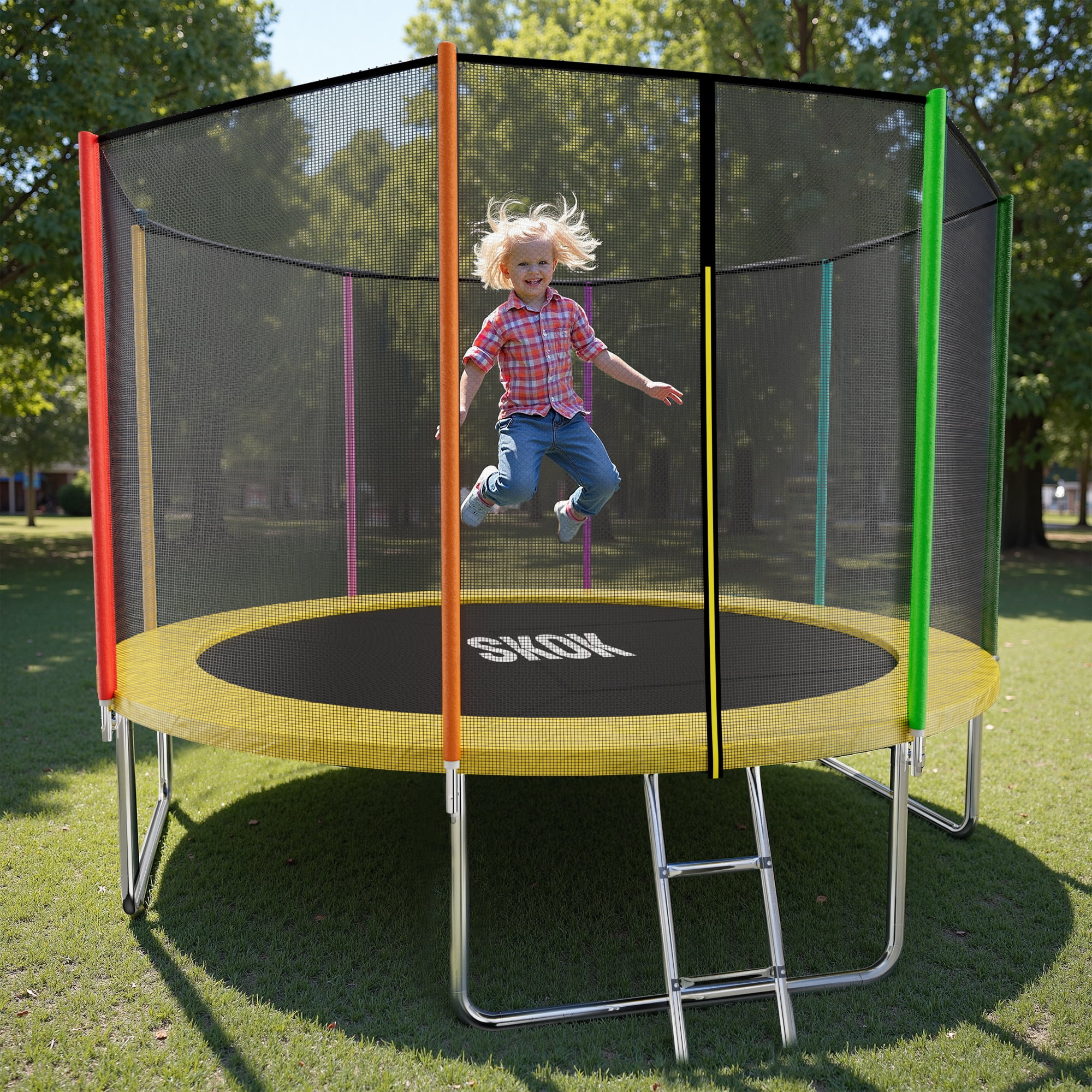 SKOK 8ft Backyard Trampoline with Safety Enclosure Net and Ladder (Colorful, 400 lb Capacity) bmf70