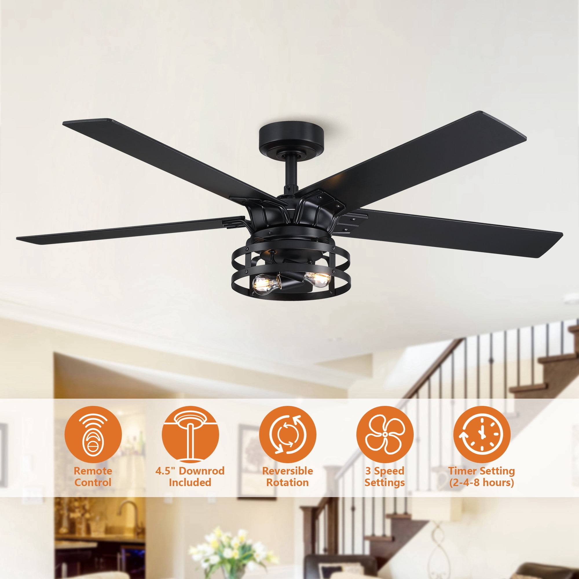 Parrot Uncle 52 in Farmhouse Caged Ceiling Fan with Remote and Light Kit (Black and Cherry, 52 in) lfe88