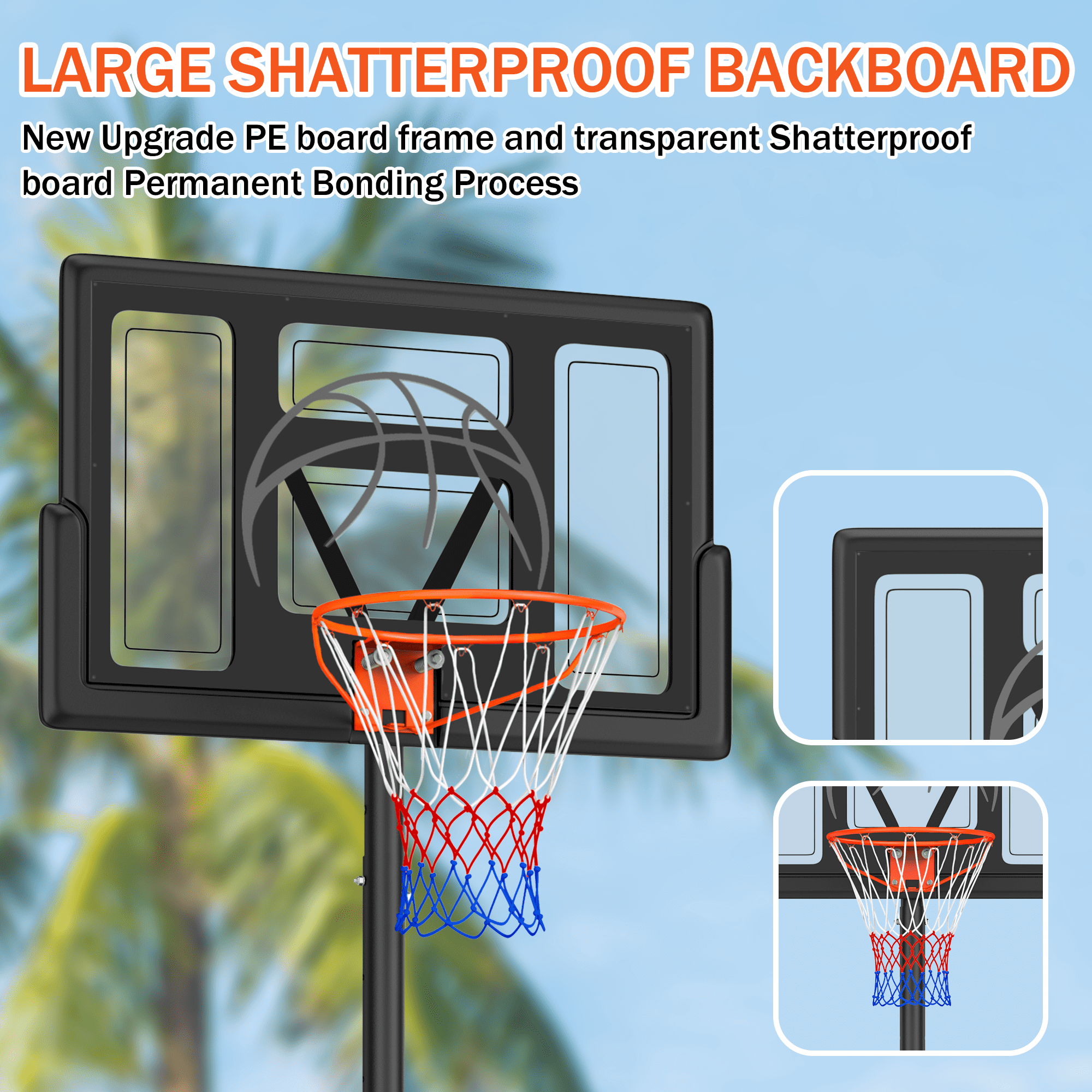 Dprodo Portable Basketball Hoop System with 44 in Shatterproof Backboard, Height Adjustable (Black, 4.4 ft to 10 ft) xlnx1