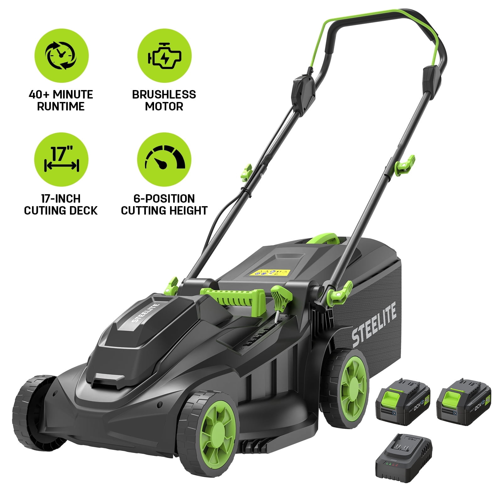 Steelite 17 in Cordless Electric Lawn Mower, Brushless Motor Walk-Behind Push Mower with 2-in-1 Mulching and Bagging (Green, 17 in) zhlpb
