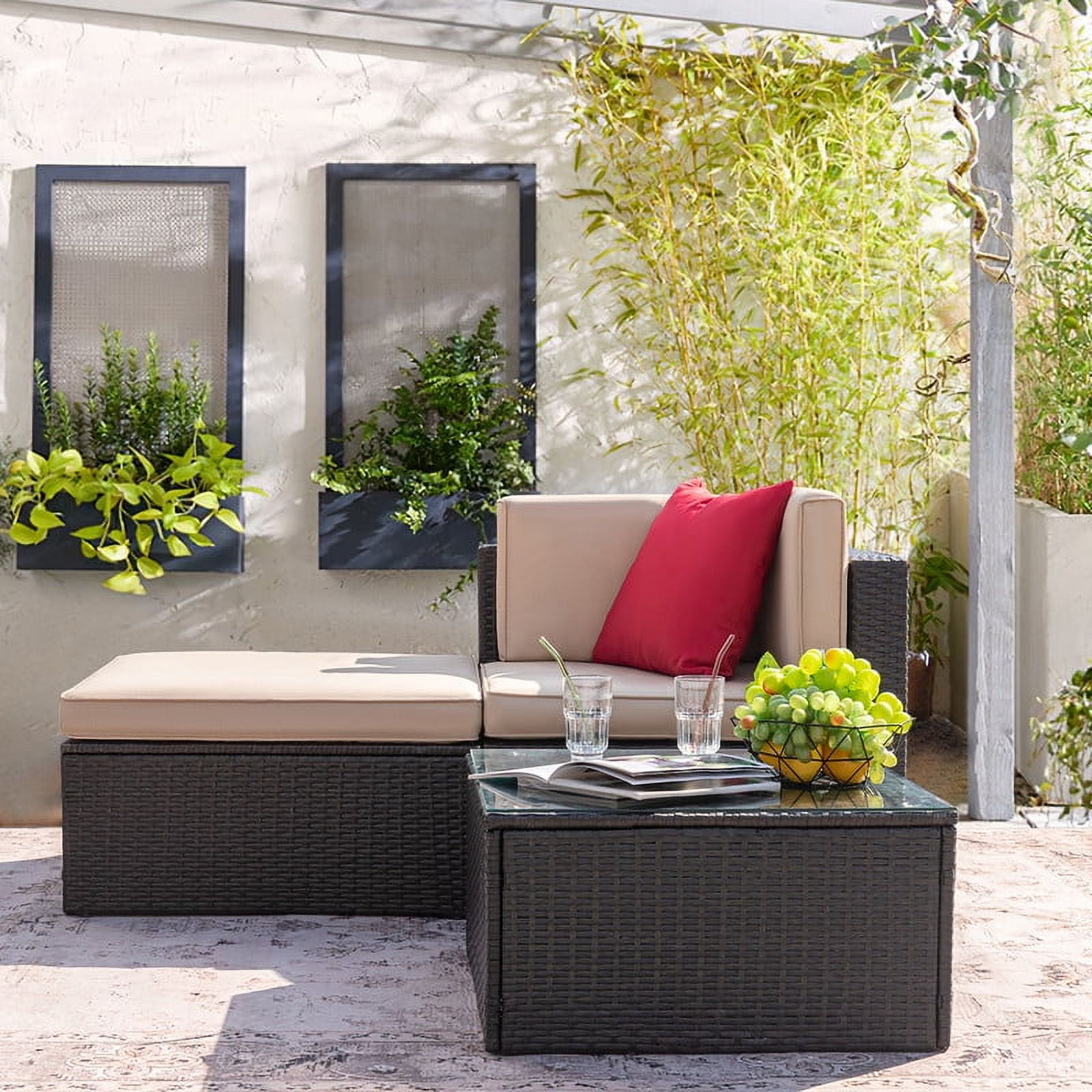 Devoko Outdoor Sectional Sofa PE Rattan Patio Furniture Set with Cushions and Table (Beige) wqmo3