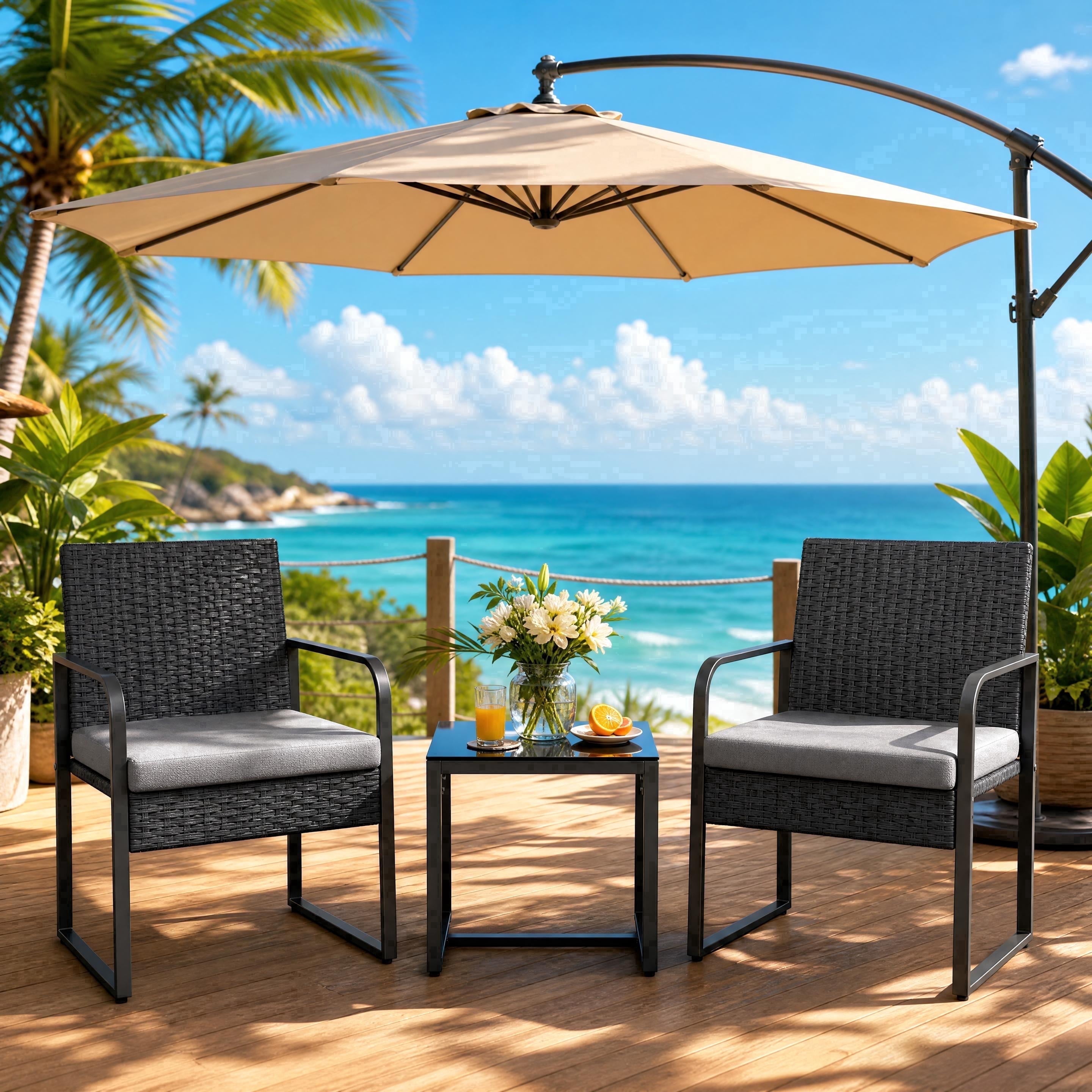 Asofer 3-Piece Outdoor Patio Furniture Set, All-Weather Wicker Bistro Chairs with Tempered Glass Table (Gray, 3-Piece Set) aovhk