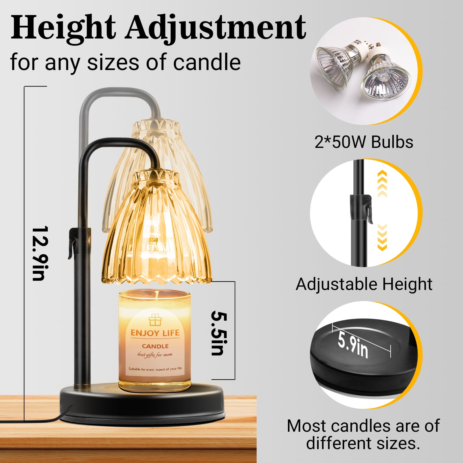 DAYBETTER Candle Warmer Lamp with Adjustable Height and Timer, Dimmable Electric Wax Melt Light for Home Decor (Black, 11.8 in) g4cwp