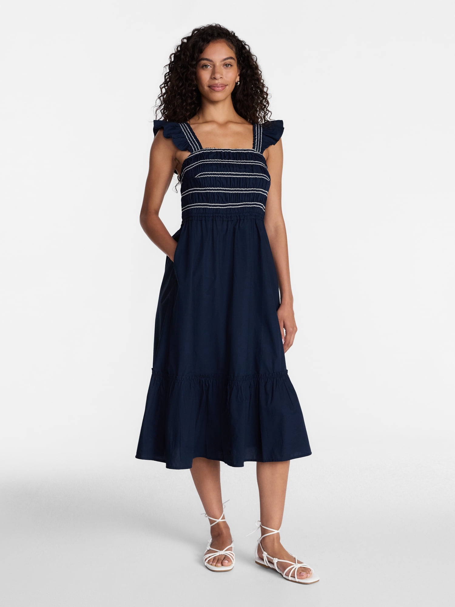 Time and Tru Women's Sleeveless Smocked Cotton Midi Dress (Blue, XS) rk33b