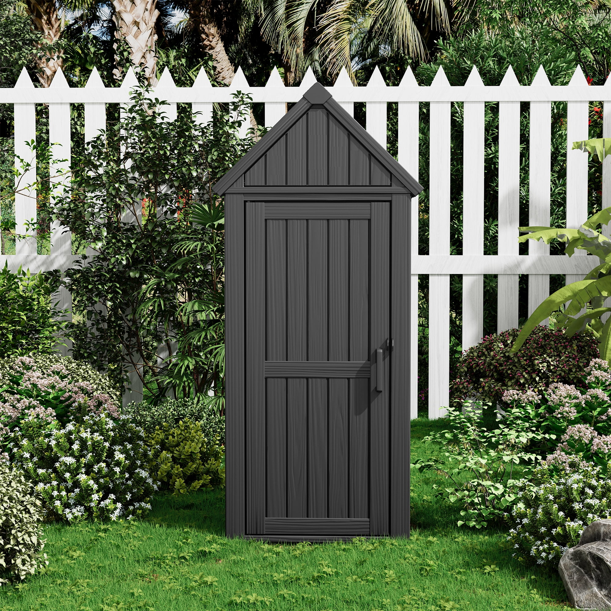 Bifanuo Outdoor Storage Shed, Weatherproof Garden Tool Cabinet with Shelves and Hooks (Black, 47.5 in x 72.9 in x 81.9 in) 39njr