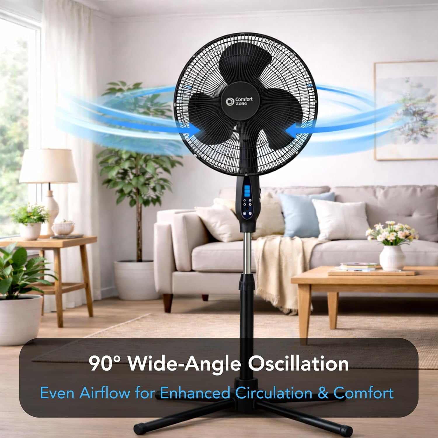 Comfort Zone 16-Inch Oscillating Pedestal Fan with Remote Control (Black, 48 in Height) o80am