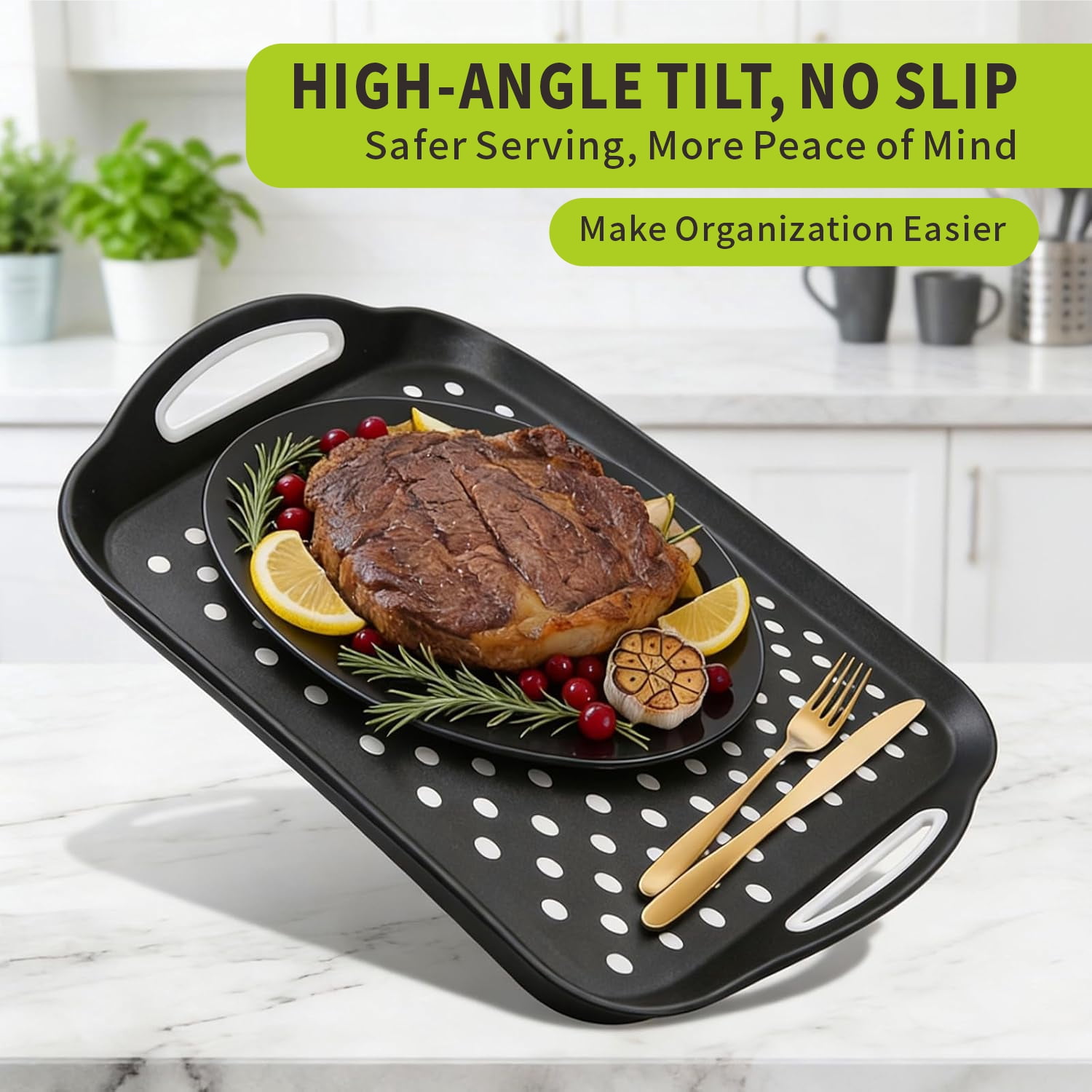 LYLHZRMDGC Non-Slip Serving Tray with Handles, Rubber Gripped Lap Food Tray for Eating, Dishwasher Safe (Black, 15.7 in x 11.2 in x 2 in) c9xwc