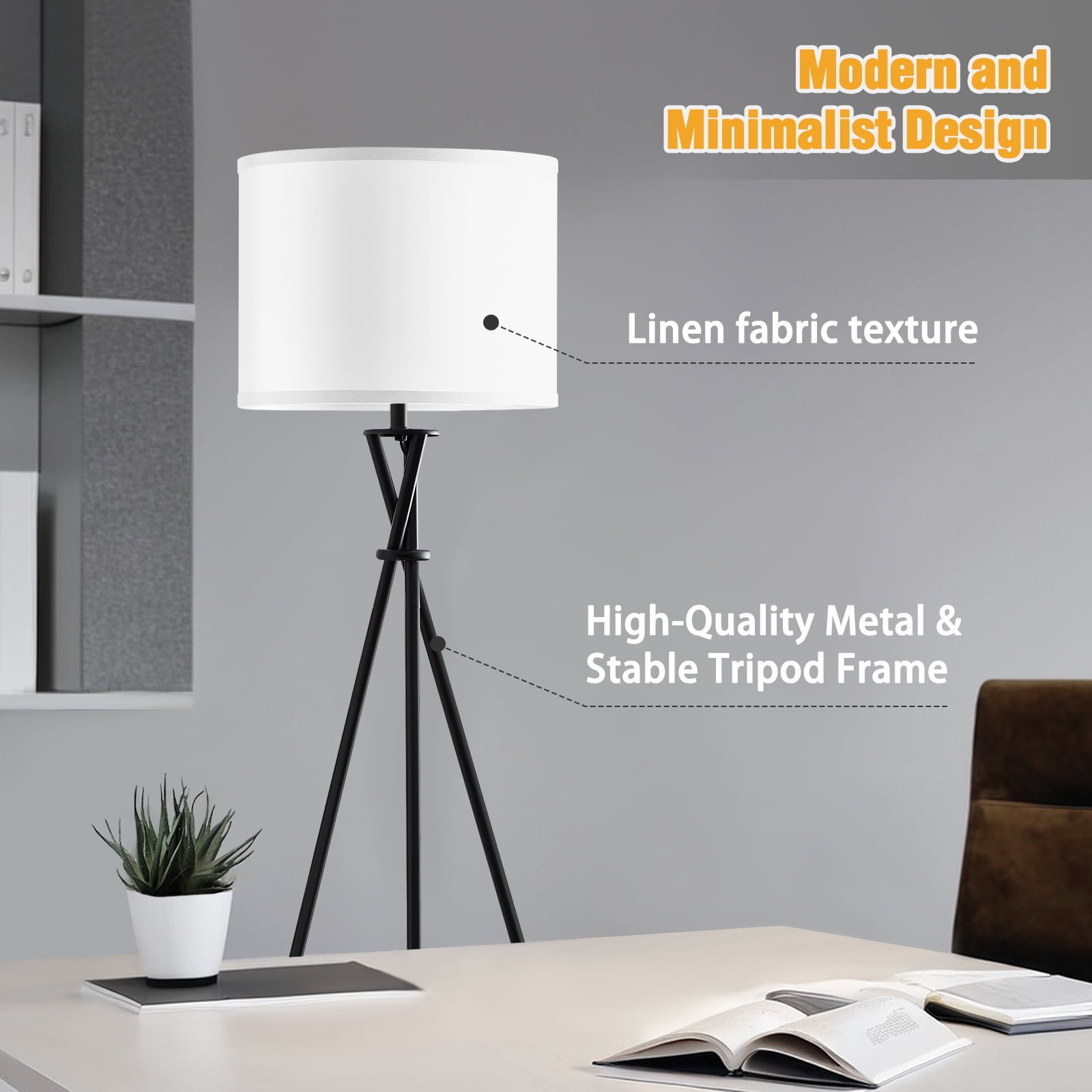 NATYSWAN Modern Tripod Floor Lamp for Living Room, Tall Standing Lamp with White Fabric Shade (Black, 61 in) 1e2dr
