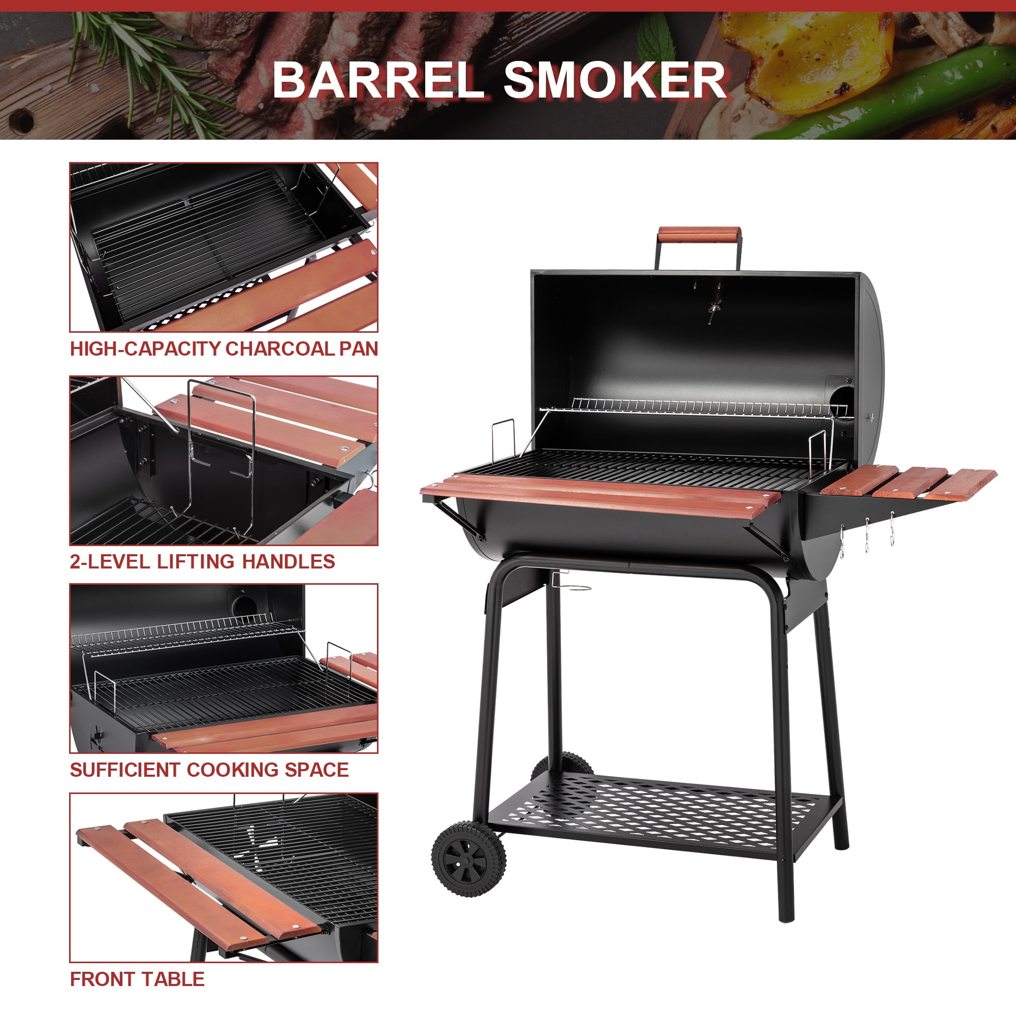 Royal Gourmet CC1830V 30 in Barrel Charcoal Grill with Side and Front Tables (Black) kqitm