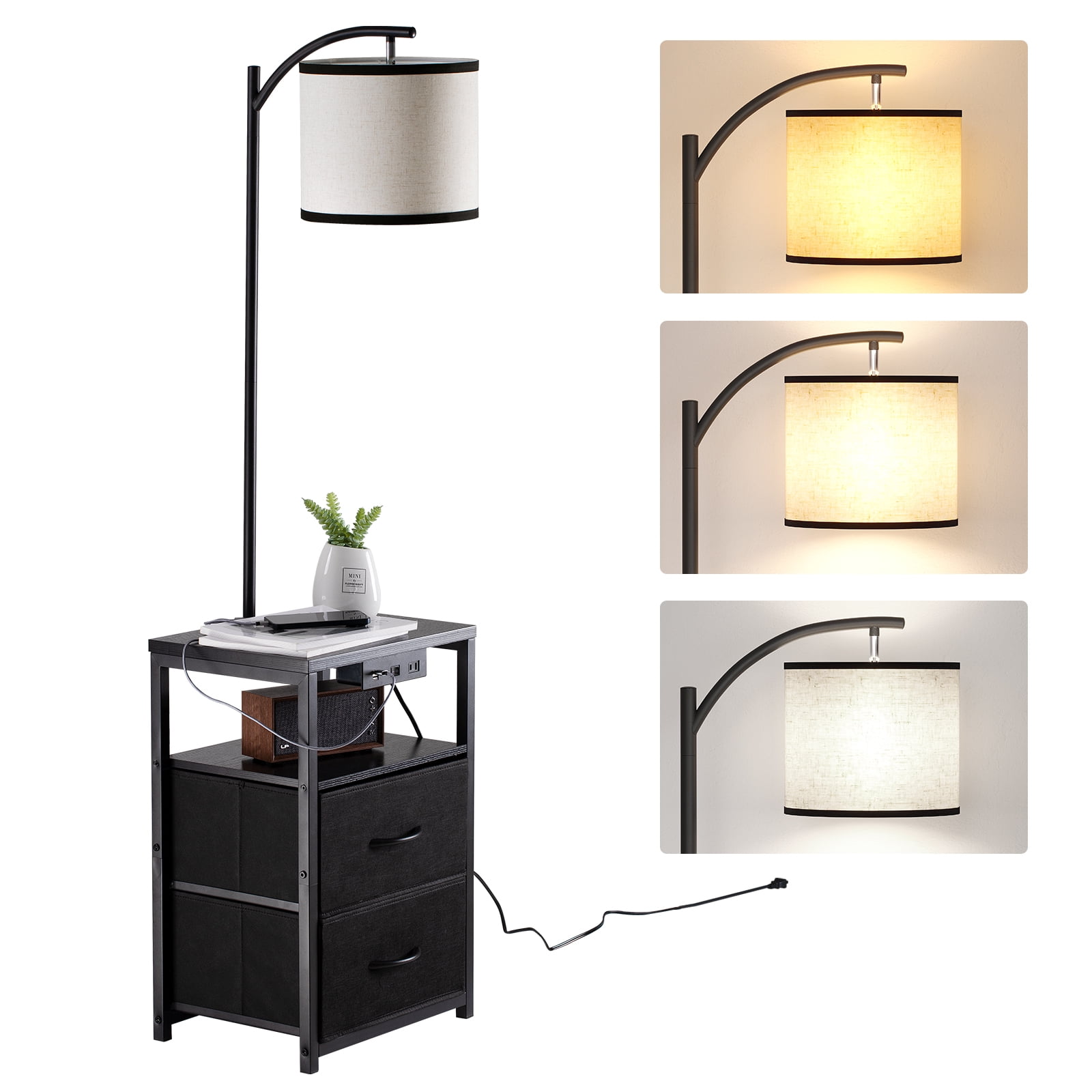 SUNMORY Floor Lamp with Side Table and 2 Drawers, Charging Station with USB Ports and Outlet, LED Bulb Included (Black) o1fik