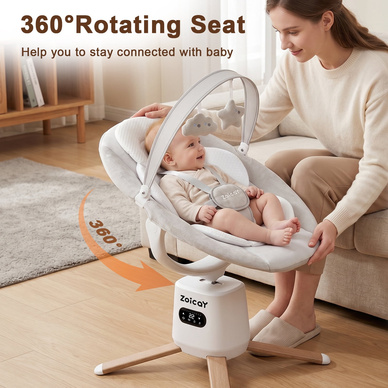 Zoicay Baby Swing, Infant Swing with 8 Motions & 8 Speeds, 360° Rotating Seat, Bluetooth Music & App Control (White, 25 lb Capacity) nq9jz