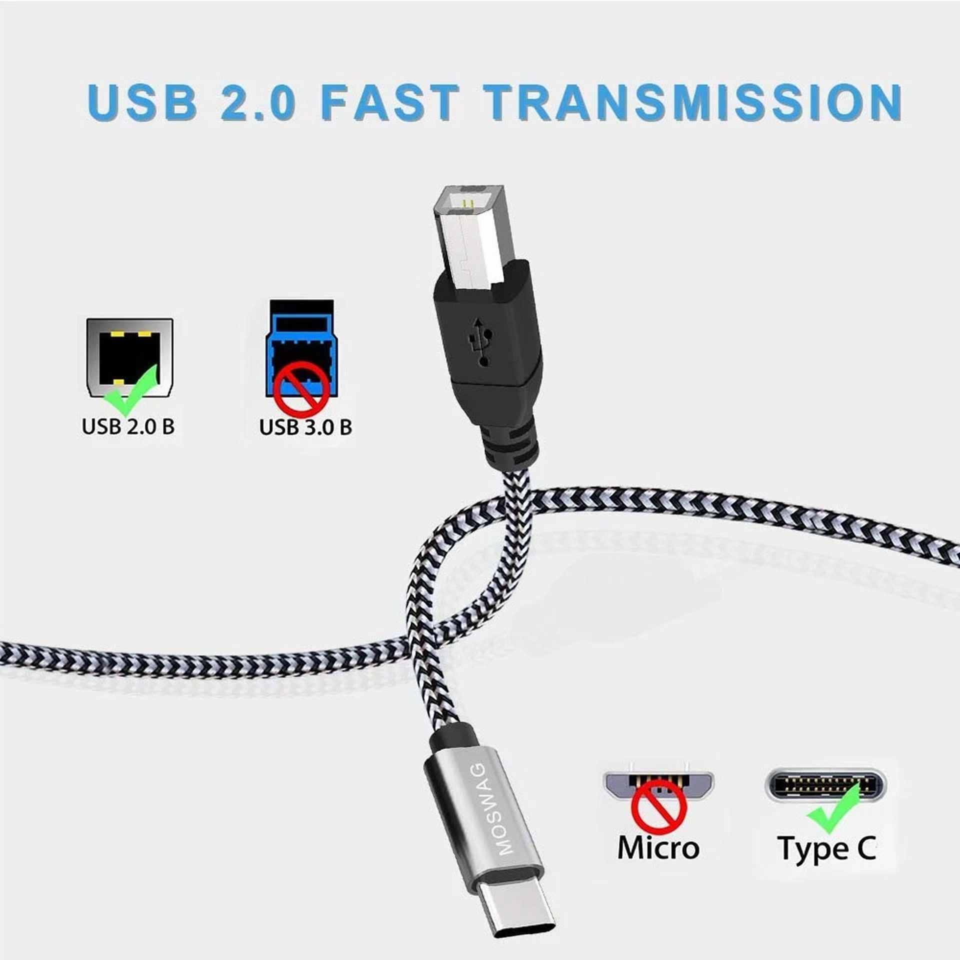 Rhea USB B to C Printer Cable, Nylon Braided High-Speed Data Sync Cord (Black, 6.6 ft) 2hrjx