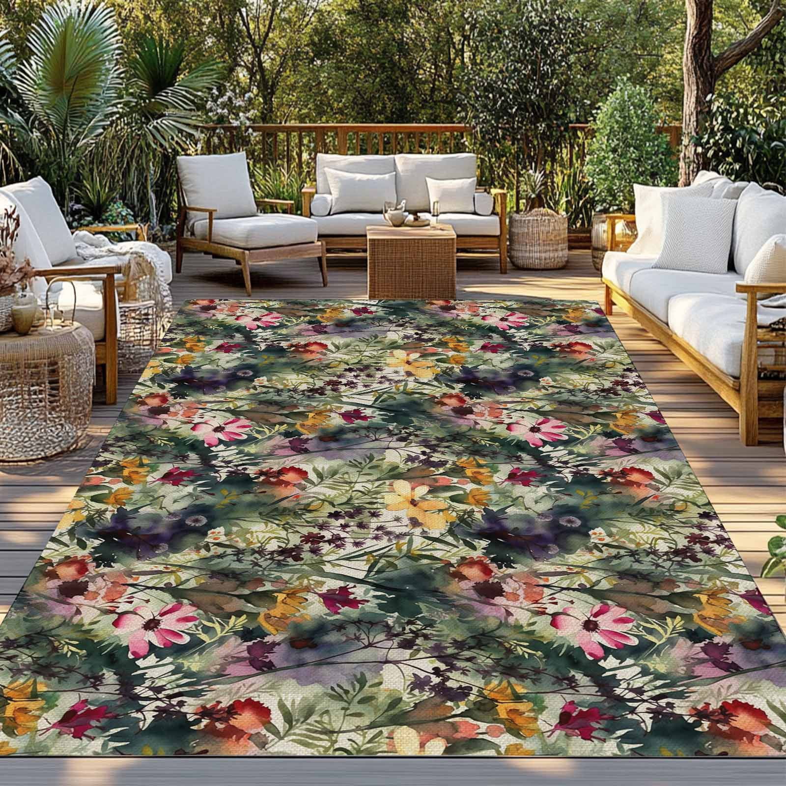LBCASA Outdoor Rug Floral Watercolor Washable Area Carpet for Patio Deck and RV (Green, 5 ft x 7 ft) n3x34