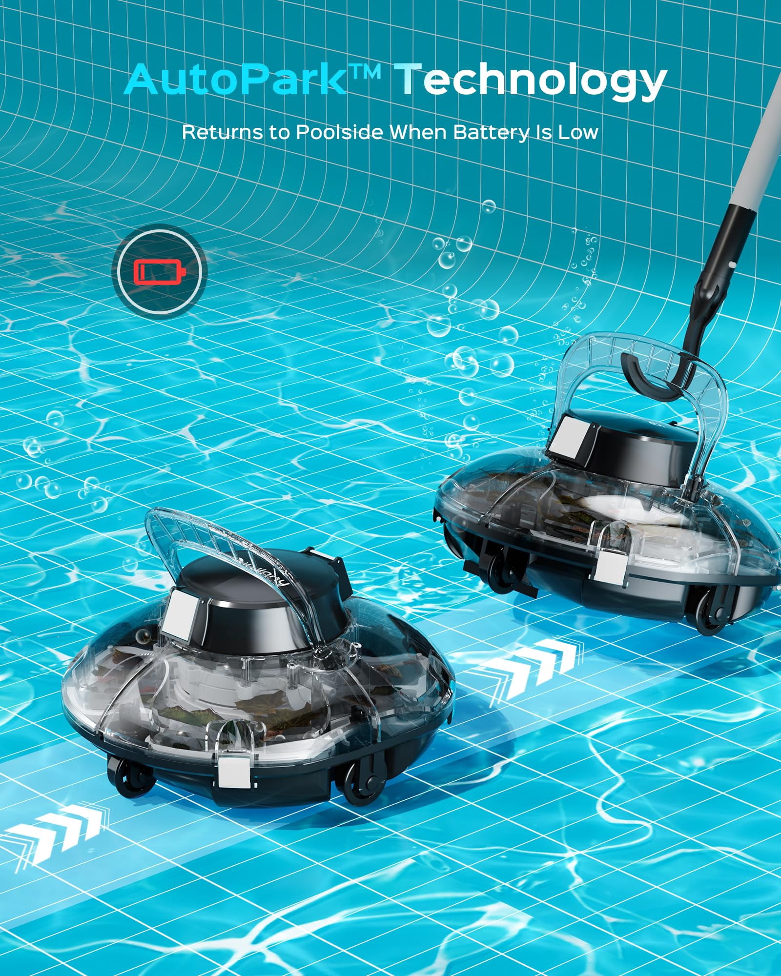 WYBOT Cordless Robotic Pool Cleaner, Automatic Vacuum for Above-Ground Pools (Transparent Black, 645 sq. ft.) 0b581