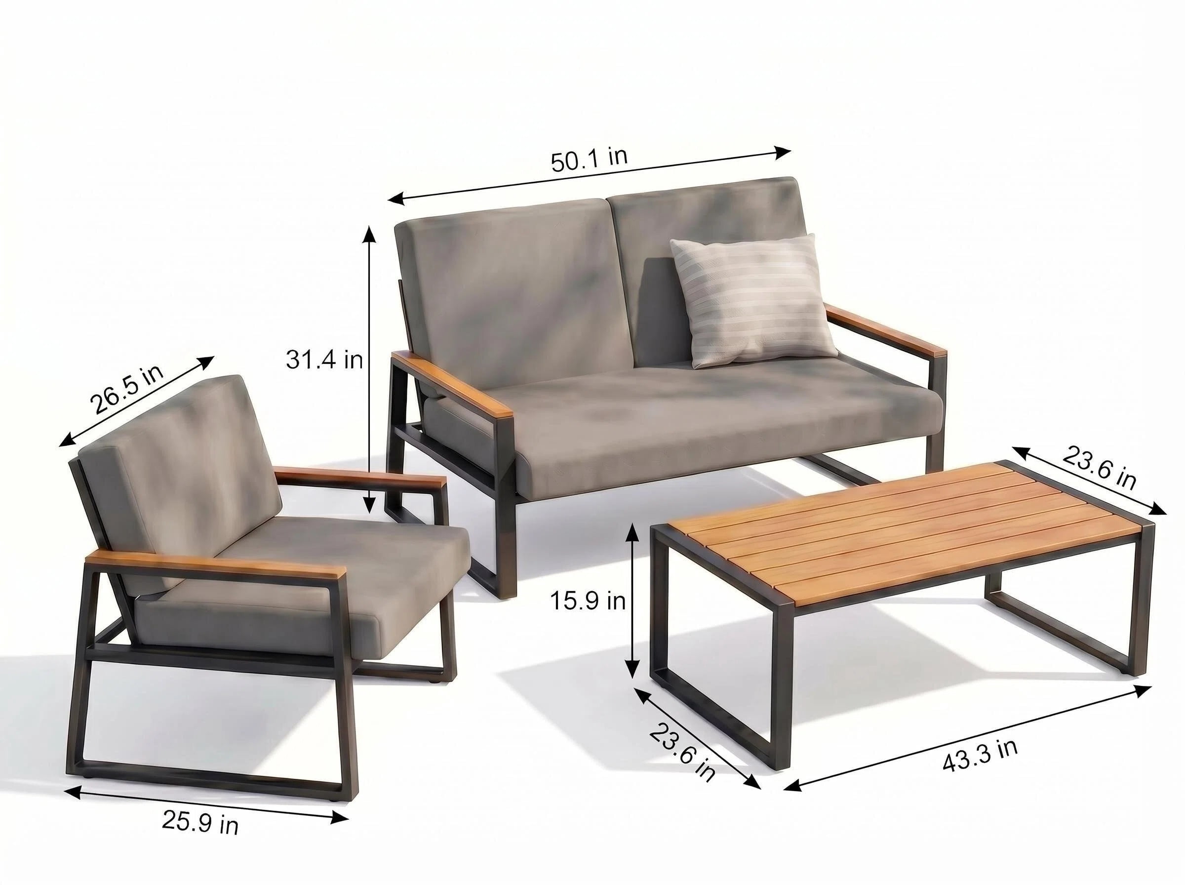 Lofka Outdoor Patio Furniture Set with Rectangle Wooden Table and Heavy-Duty Metal Frame (Gray, 4-Piece Set) 9j1r0